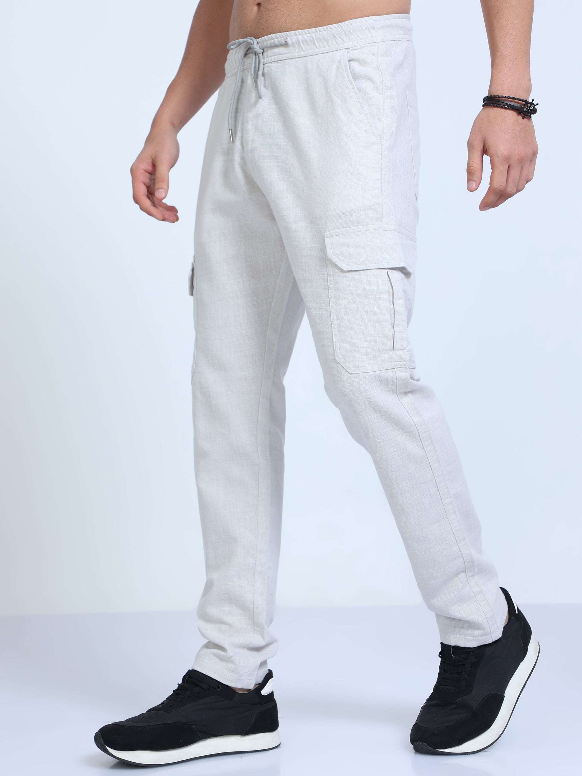 Milky White Lazy Linen Pants For Men