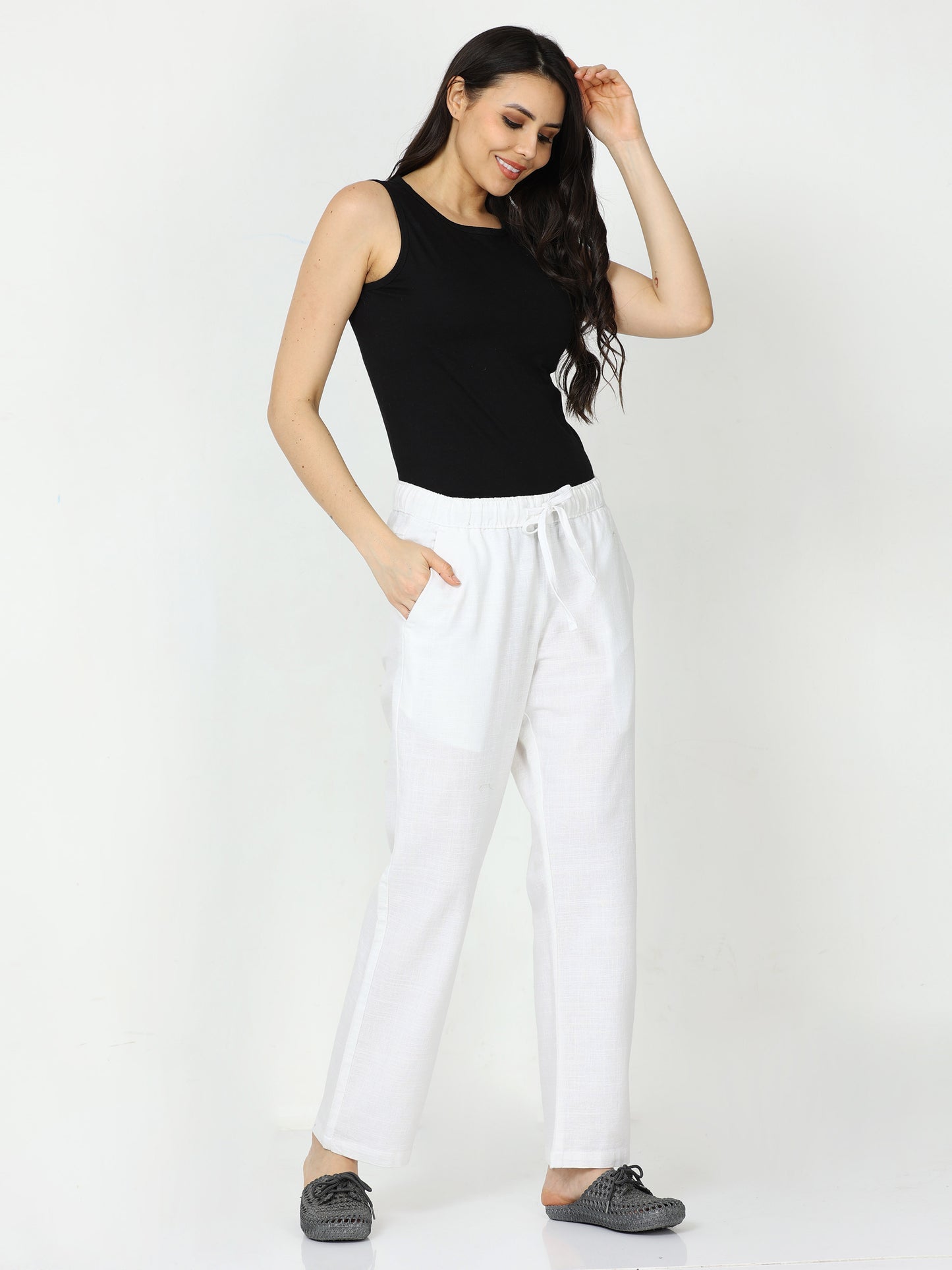 White Lazy Linen Pants For Women