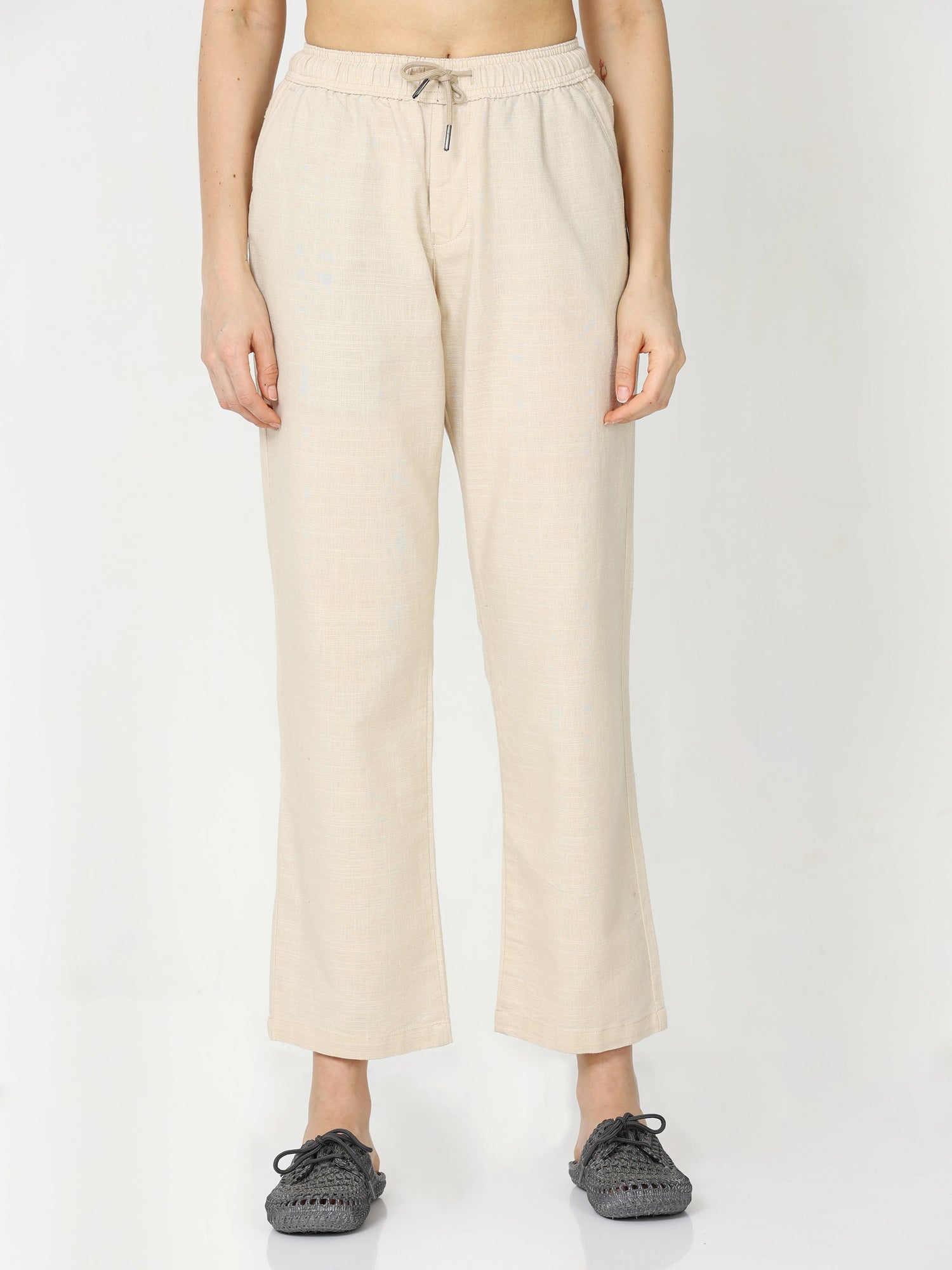 Beige Lazy Linen Pants For Womens