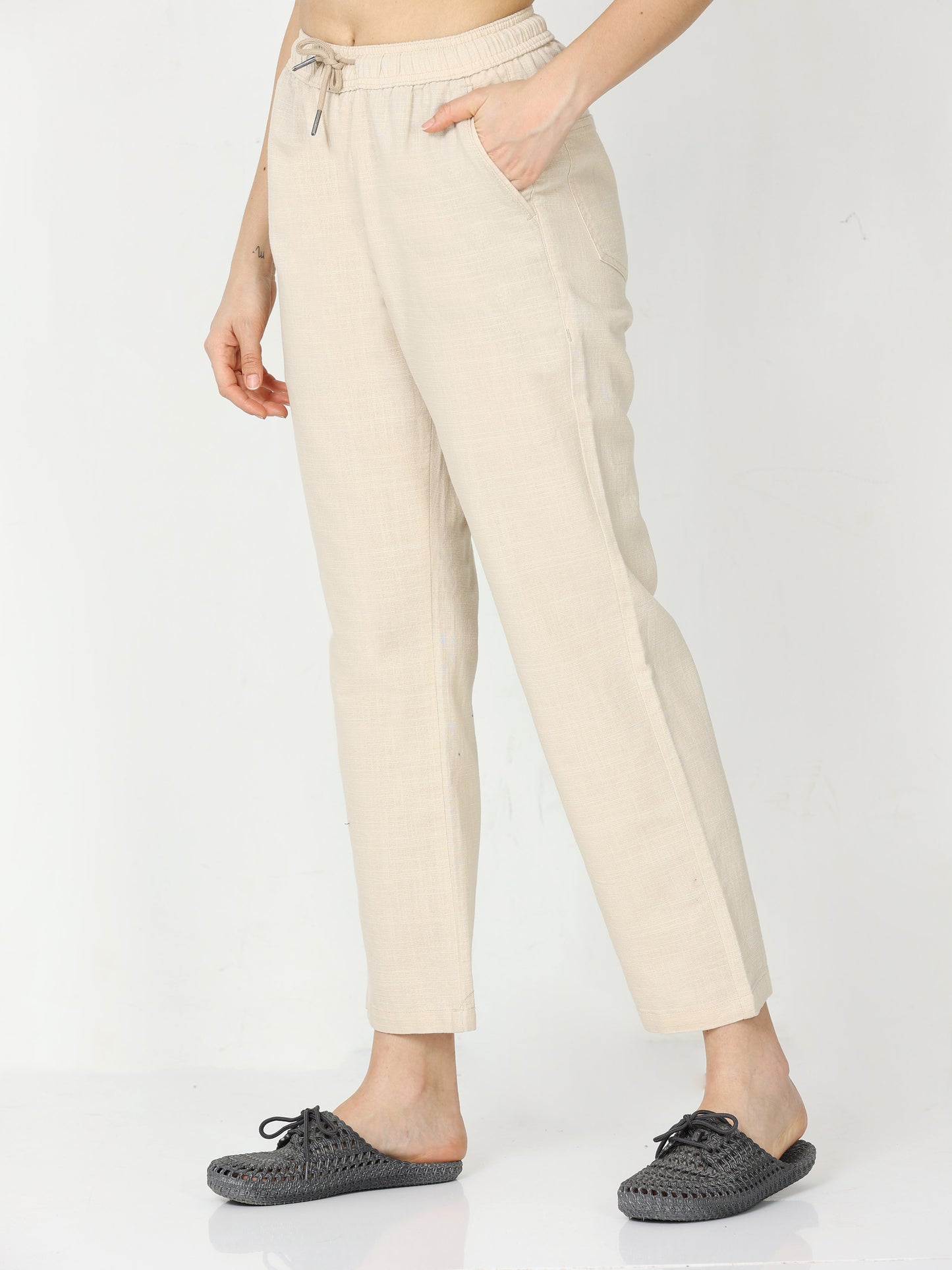 Beige Lazy Linen Pants For Womens