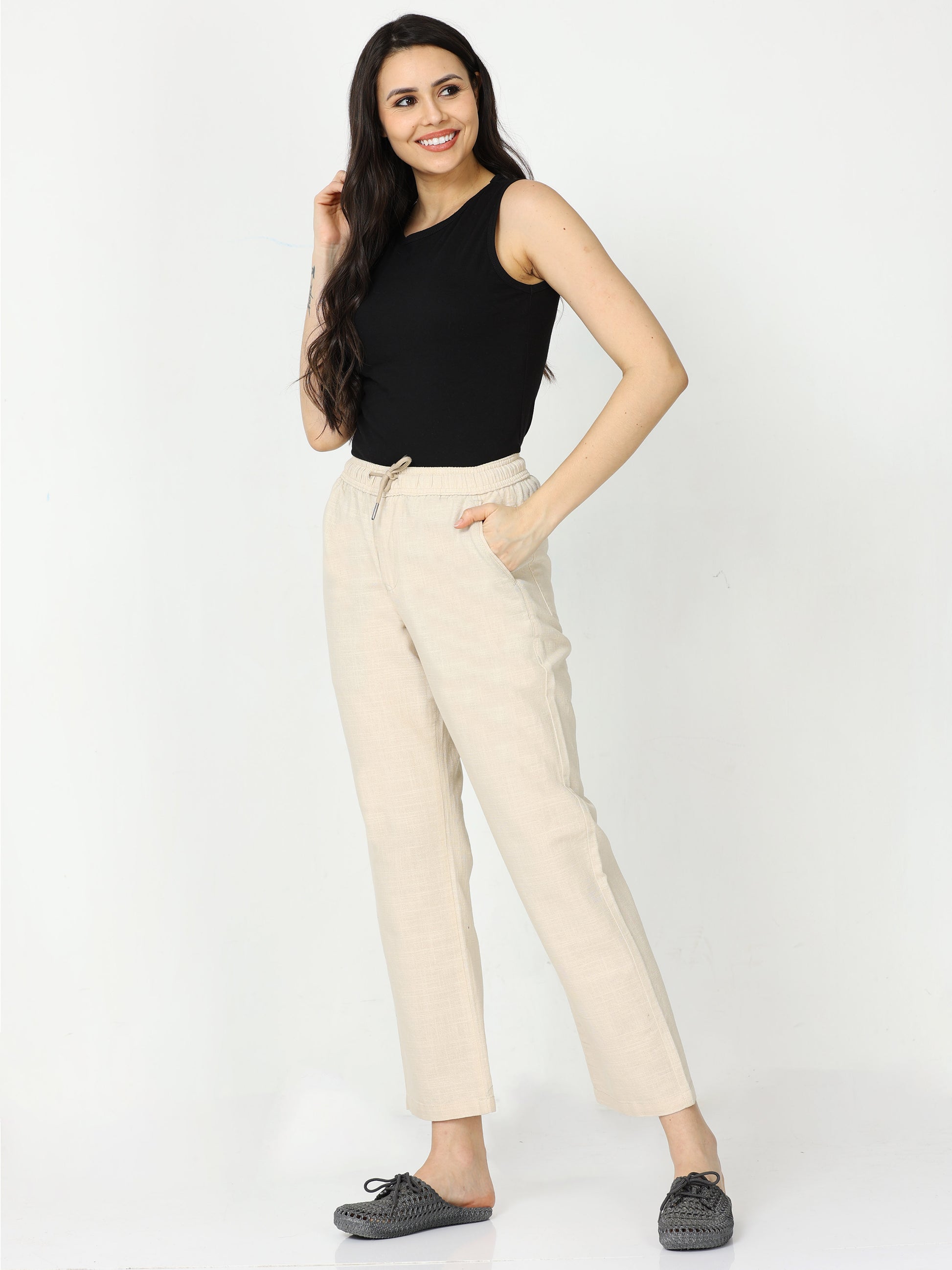 Beige Lazy Linen Pants For Womens