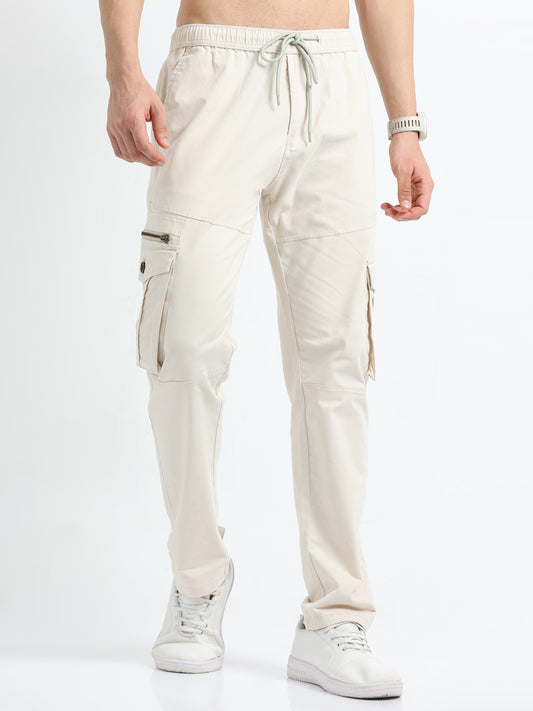 Zipper Cream Cargo Pants Men