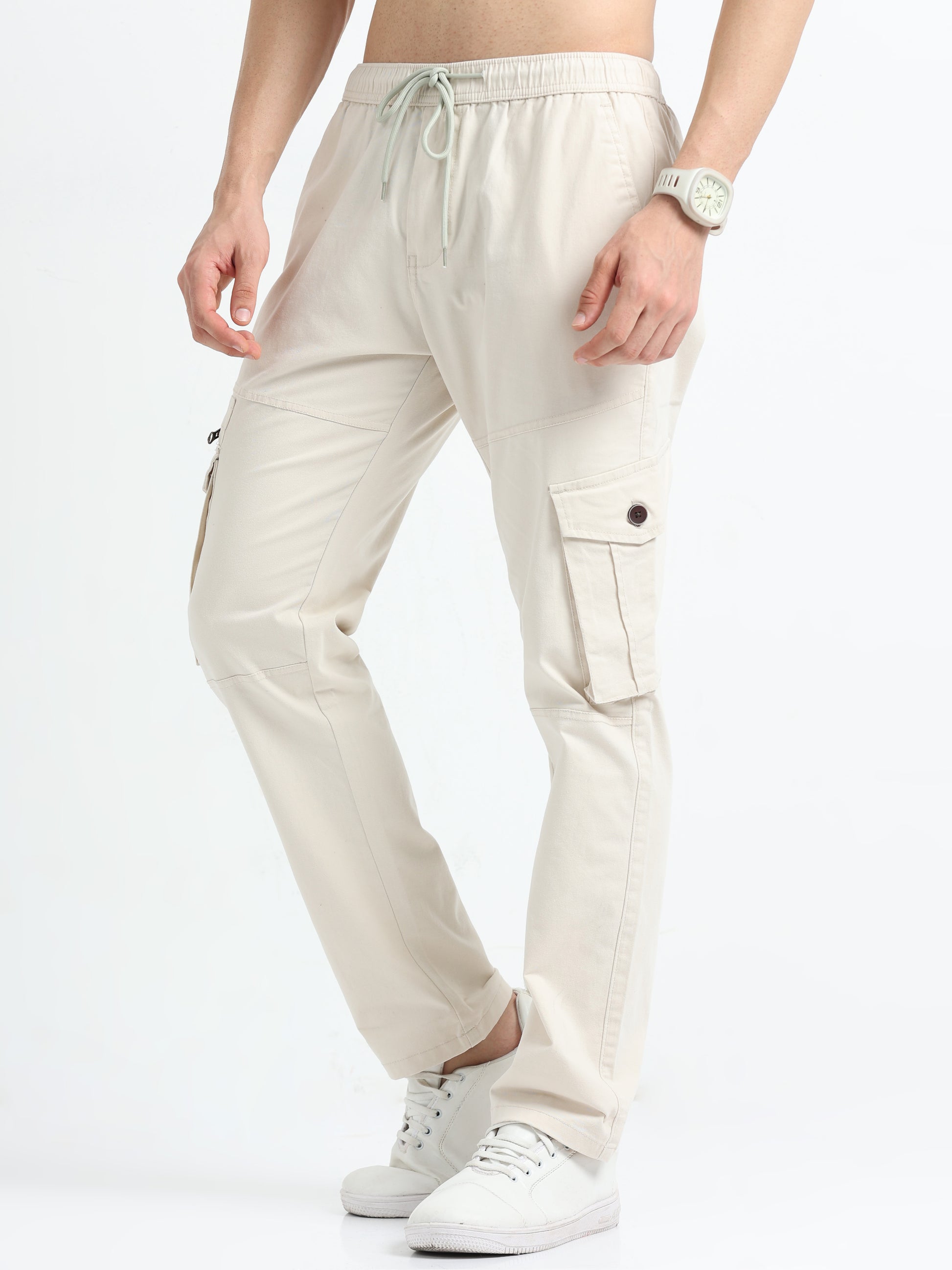 Zipper Cream Cargo Pants Men