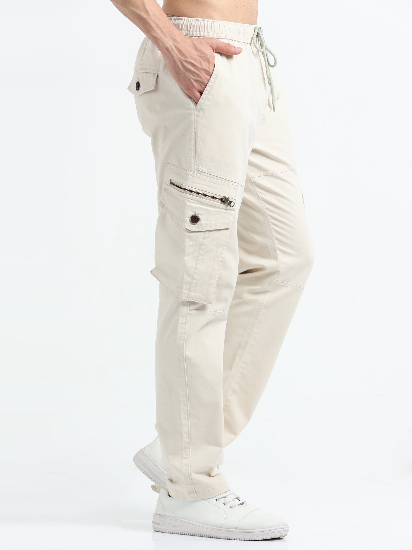 Zipper Cream Cargo Pants Men