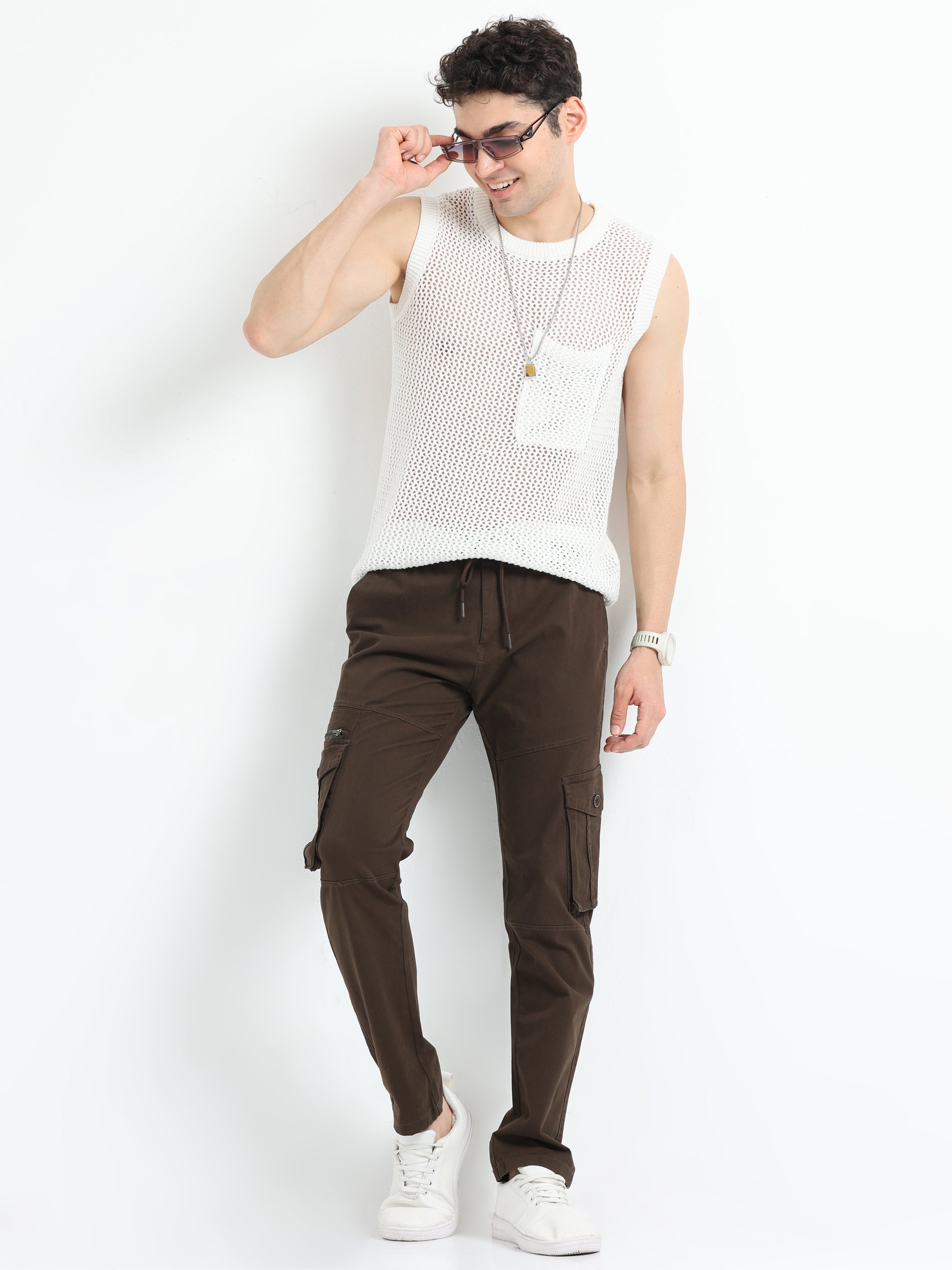 Zipper Brown Cargo Pants for Men