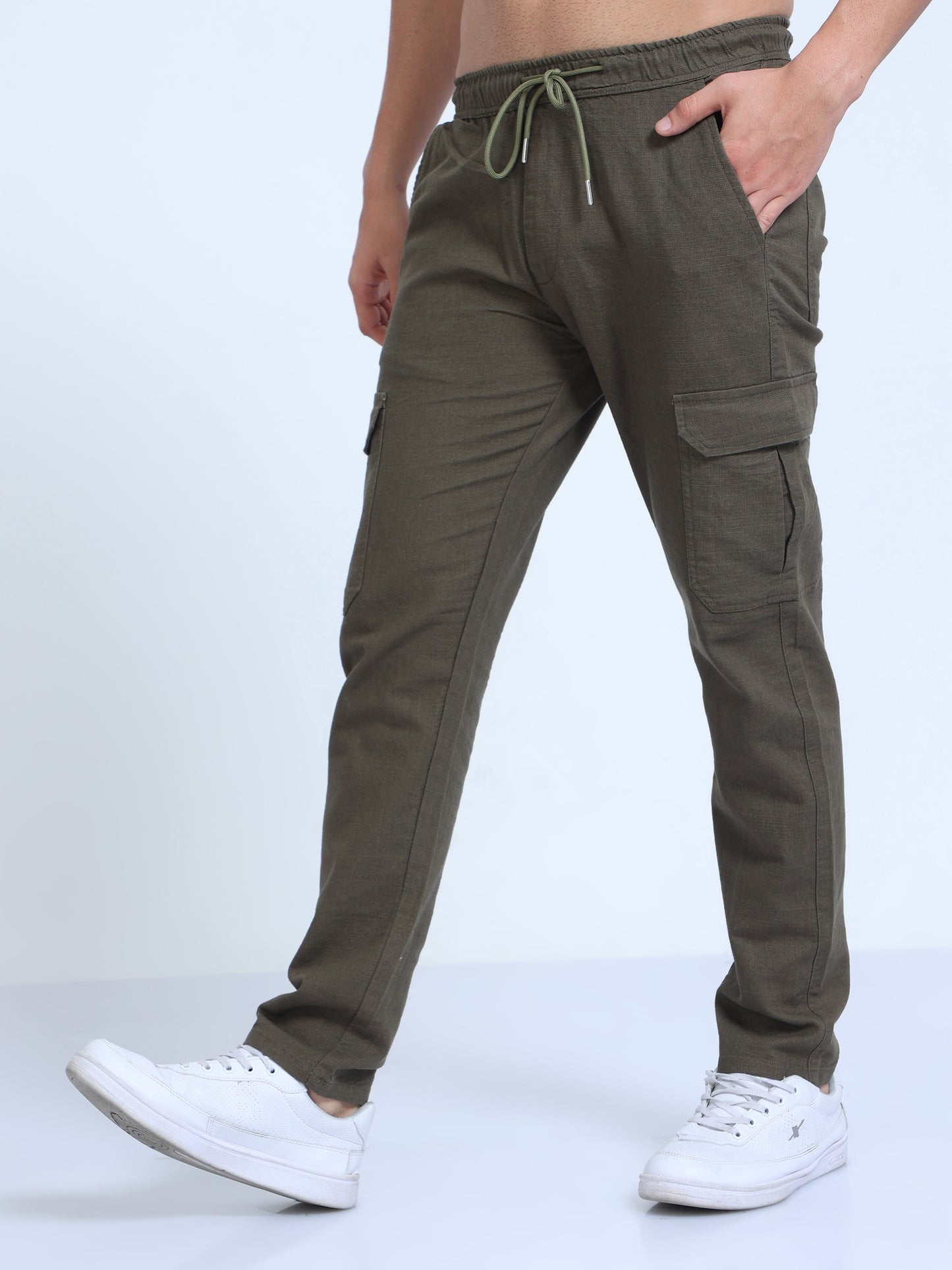 Olive Casual Linen Pants For Mens