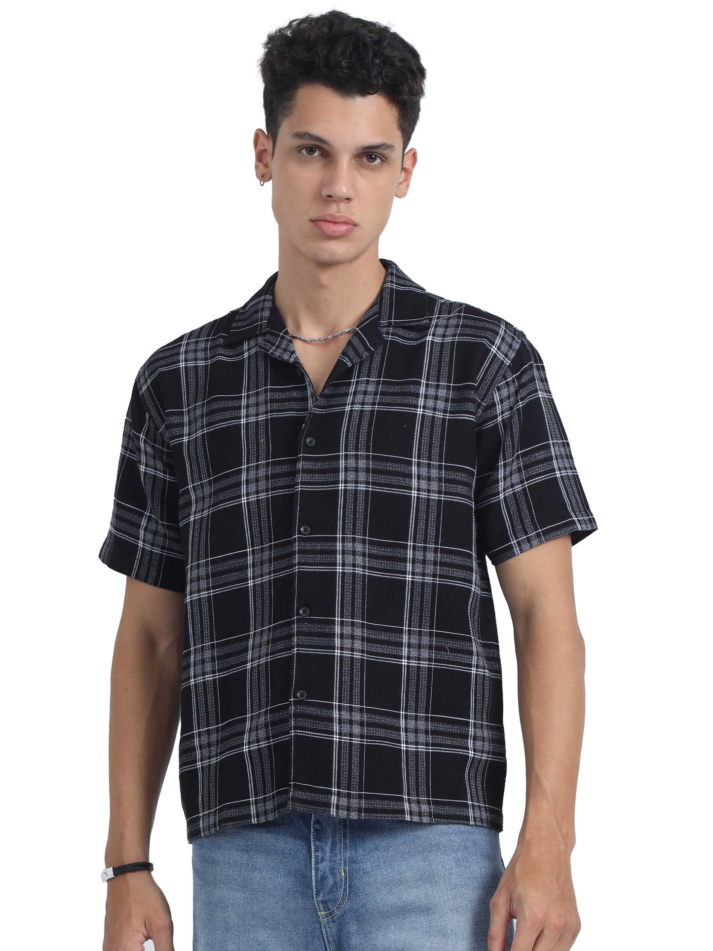 Black Jacquard Checks Half Sleeve Shirt For Mens