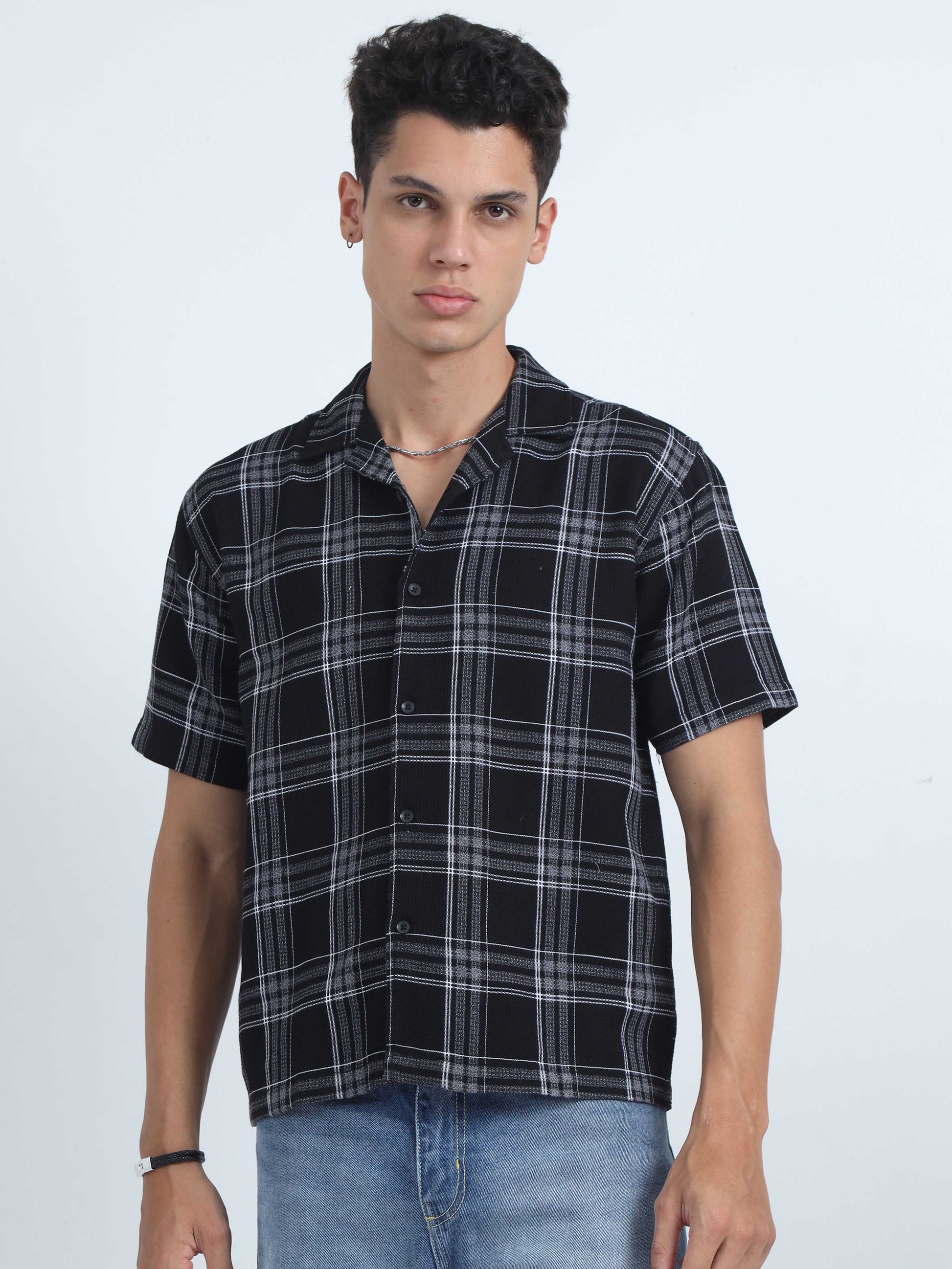 Black Jacquard Checks Half Sleeve Shirt For Mens