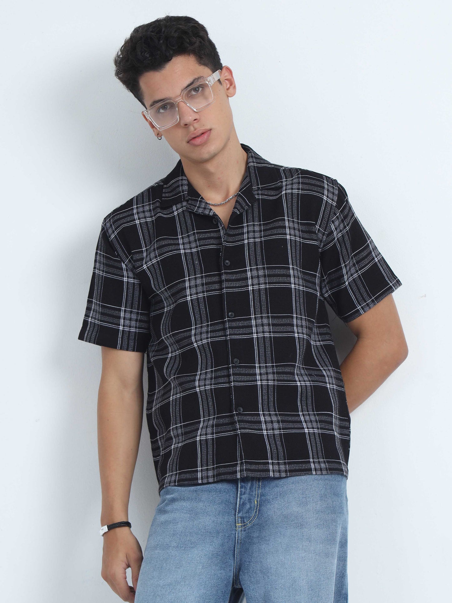 Black Jacquard Checks Half Sleeve Shirt For Mens