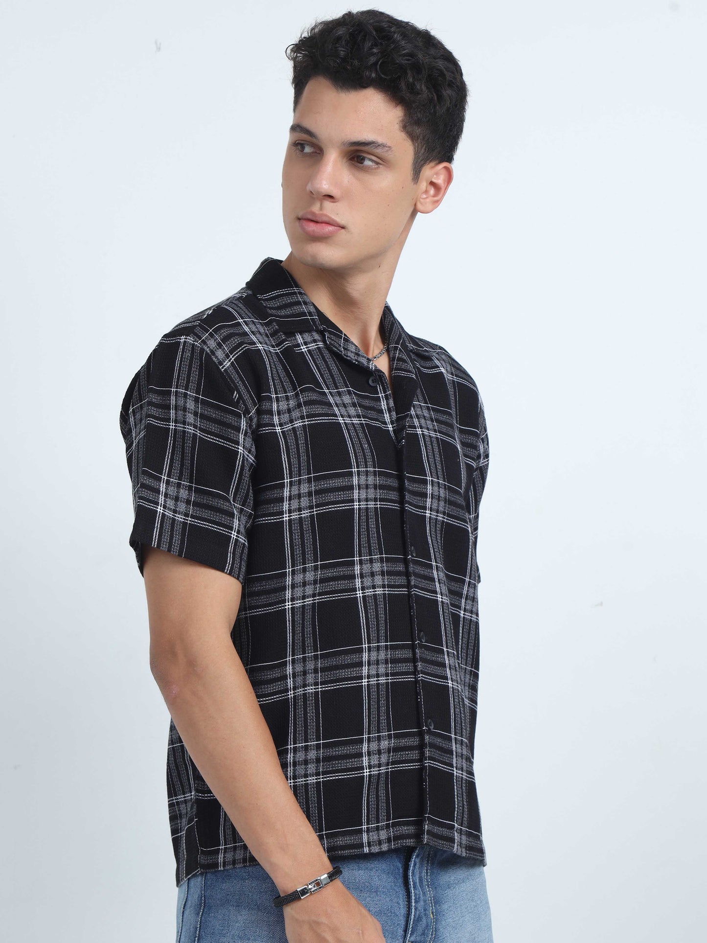 Black Jacquard Checks Half Sleeve Shirt For Mens