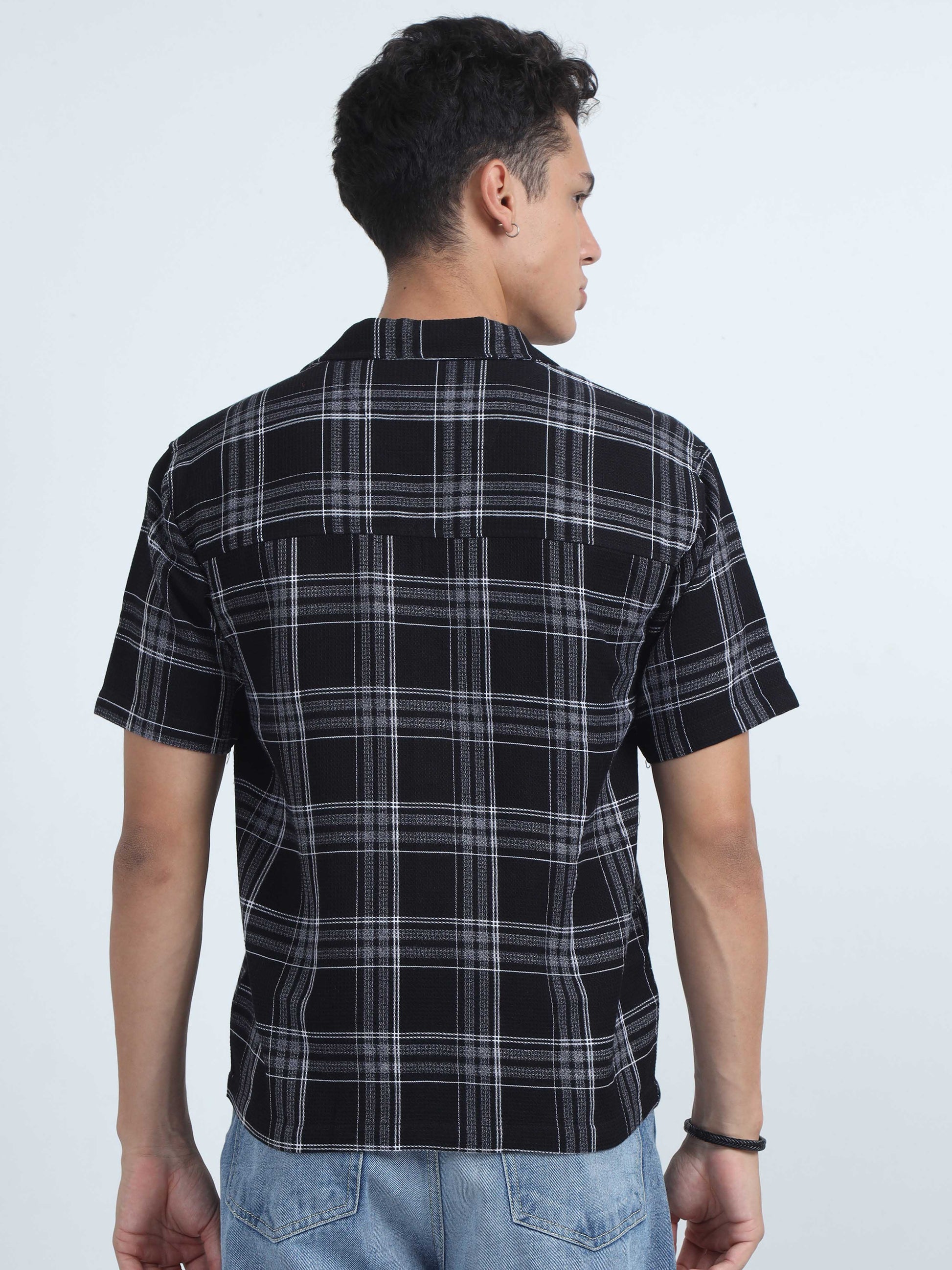 Black Jacquard Checks Half Sleeve Shirt For Mens