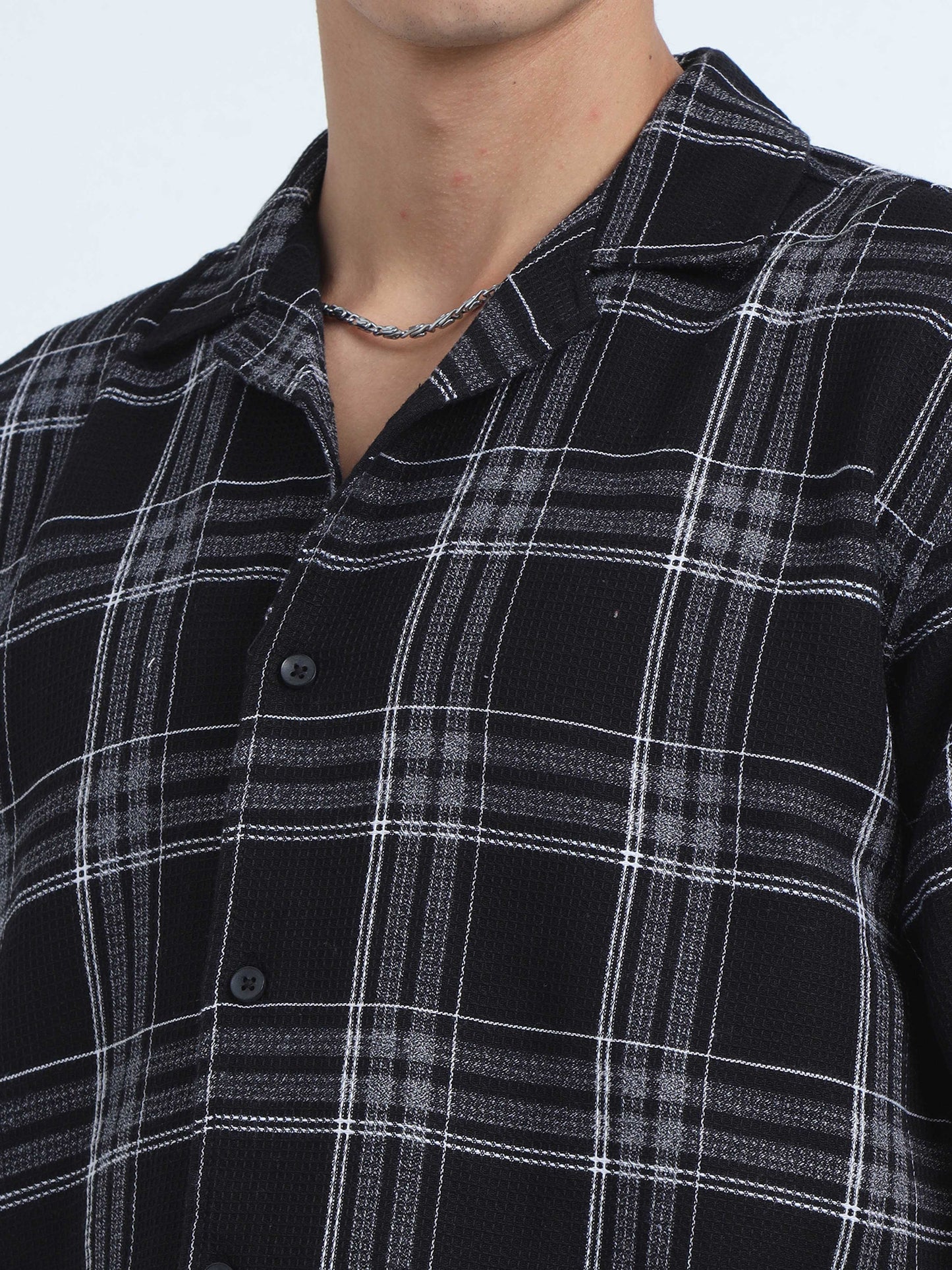 Black Jacquard Checks Half Sleeve Shirt For Mens