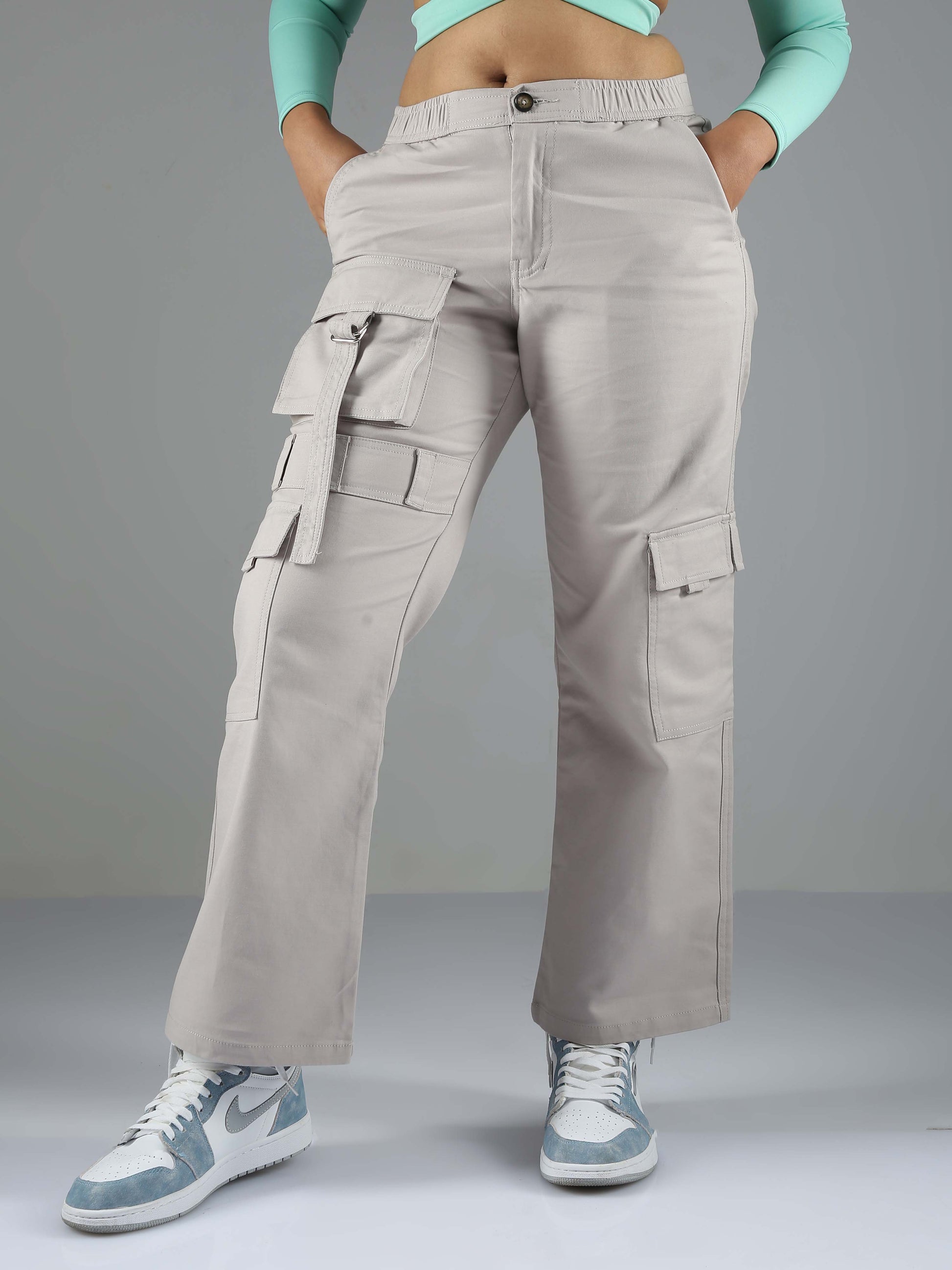 Light Grey Loose Cargo Pants For Womens