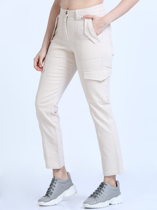 Cream Bolsillo Cargo Pants For Women