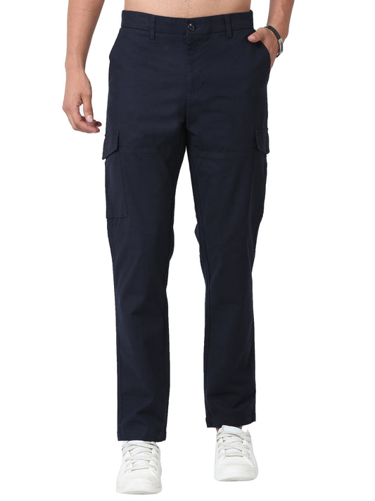 Navy Blue Linen Cargo Trousers for Men