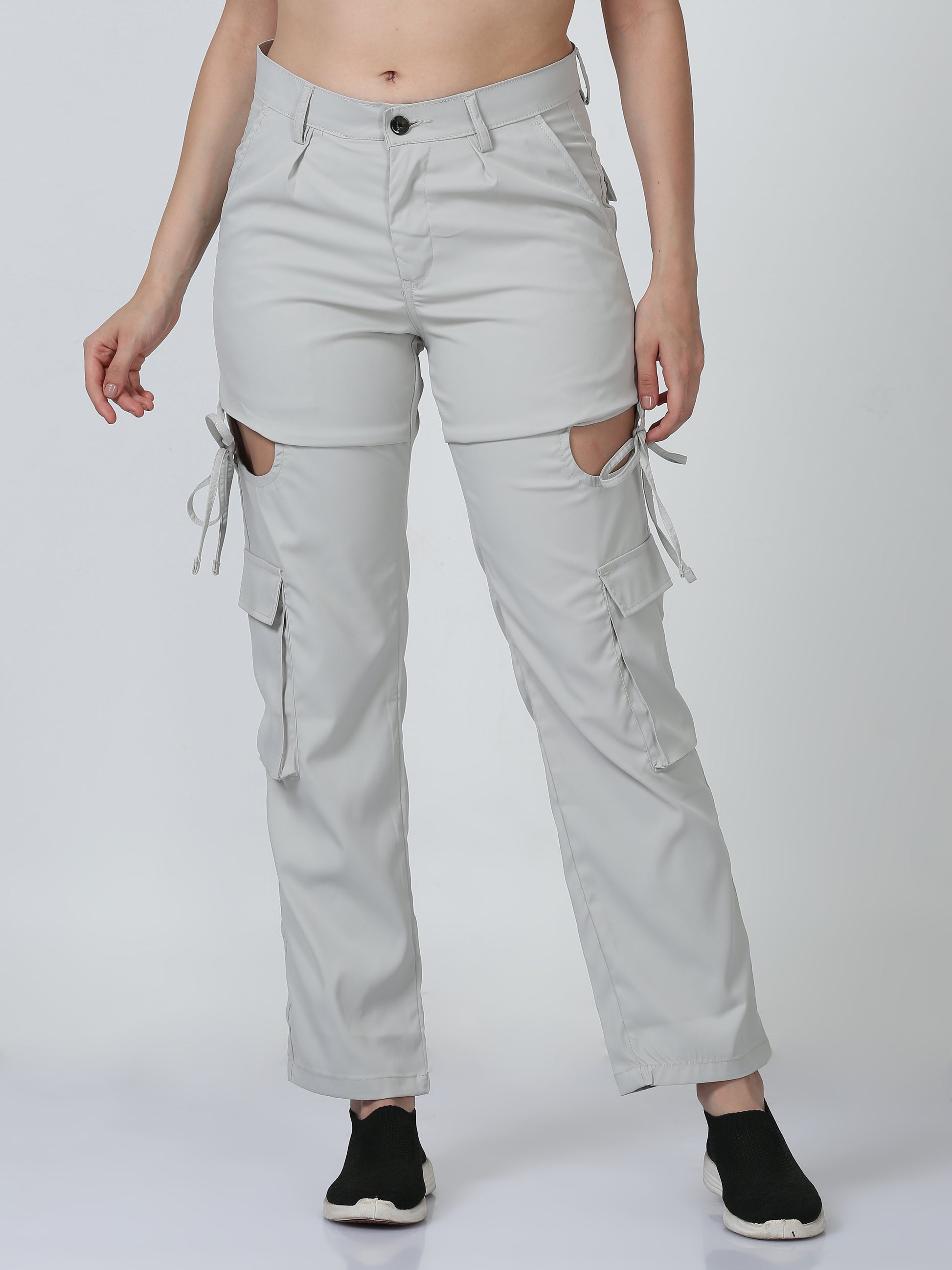 Cream Duel Pocket Cargo Pants For Womens