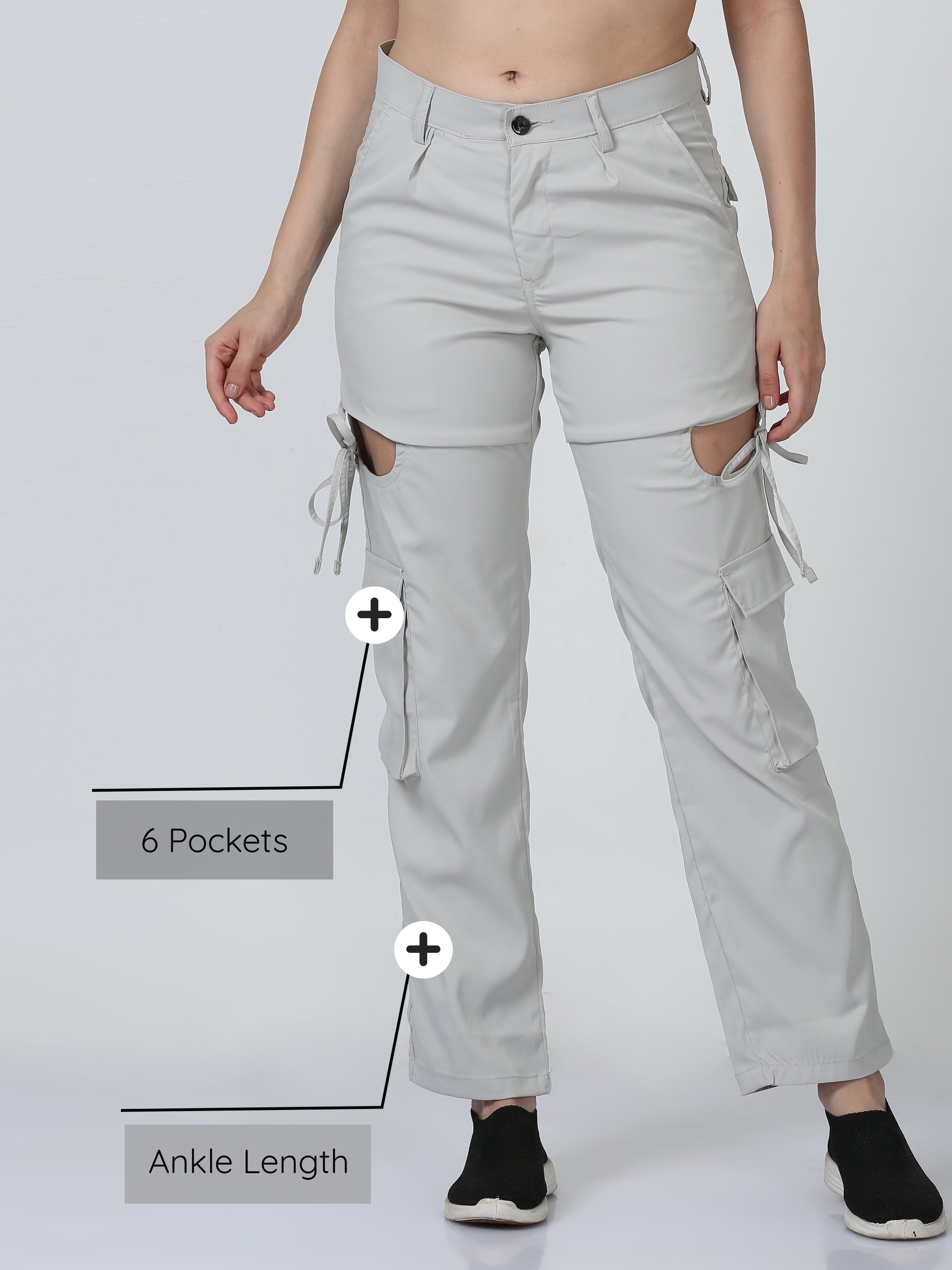 Women Dual Pocket Cream Cargo Pants