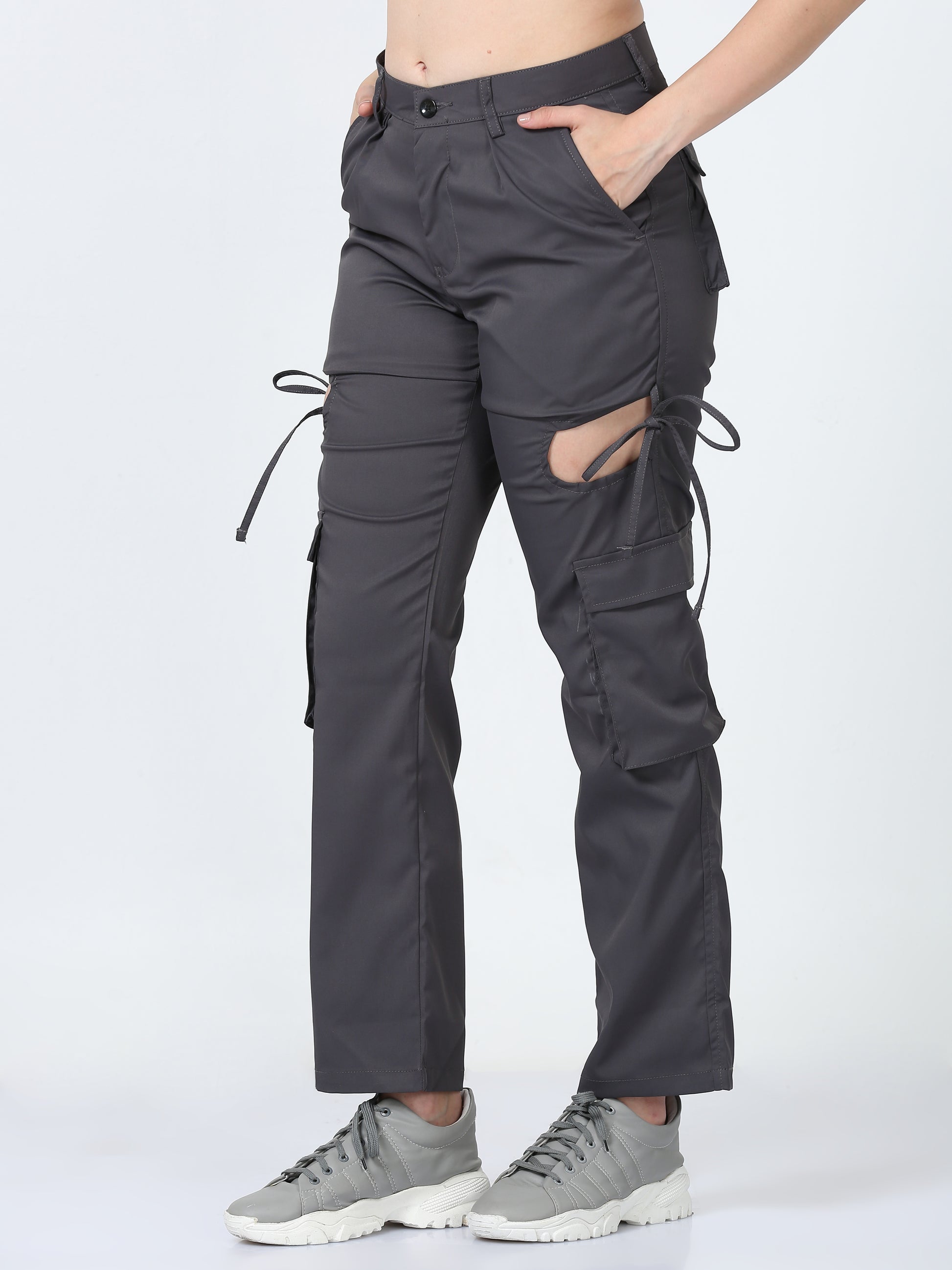 Grey Duel Pocket Cargo Pants For Womens