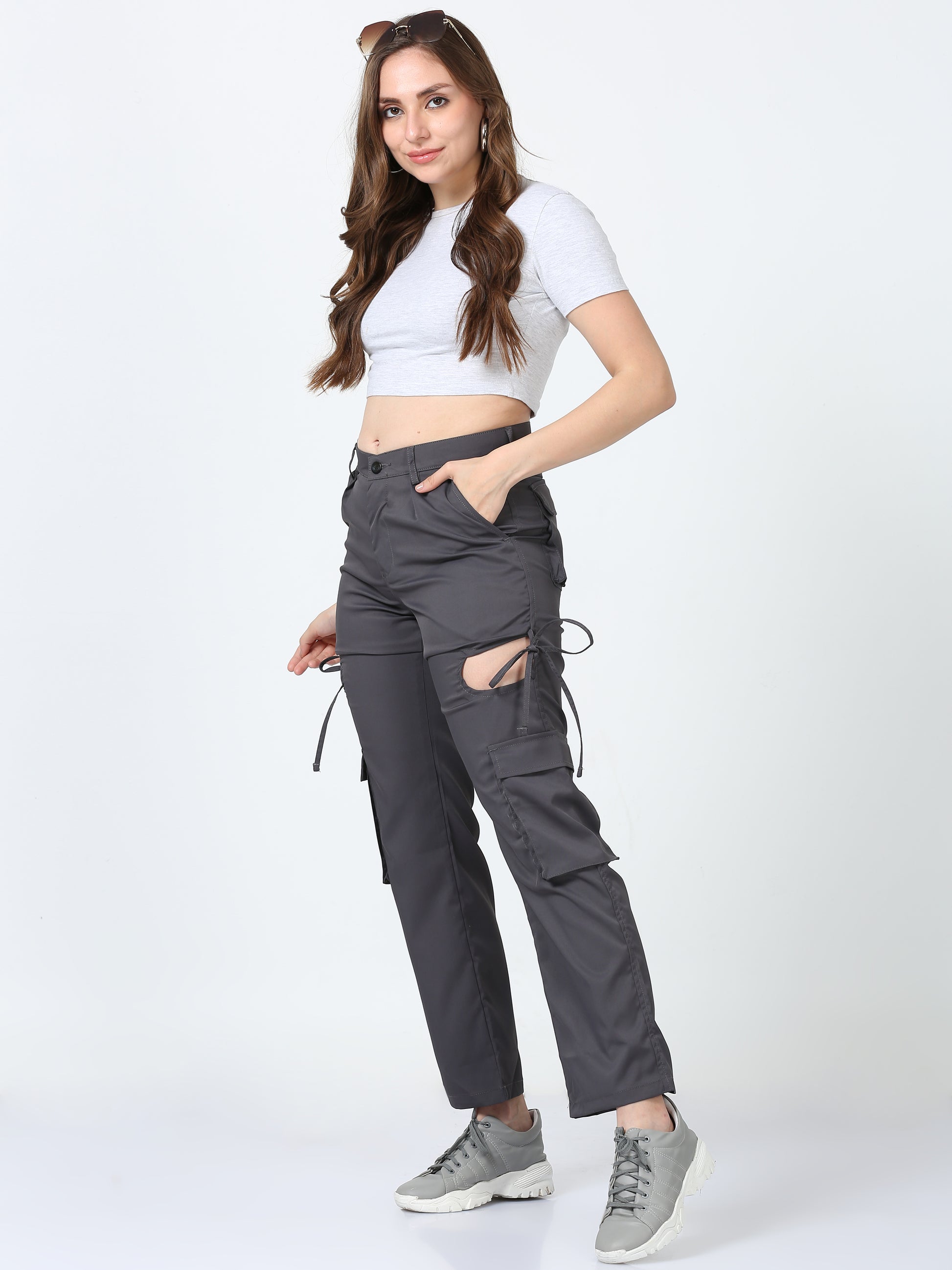 Grey Duel Pocket Cargo Pants For Womens