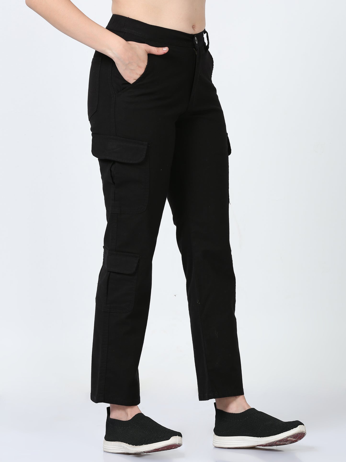 Black Lazy Linen Cargo Pants For Women