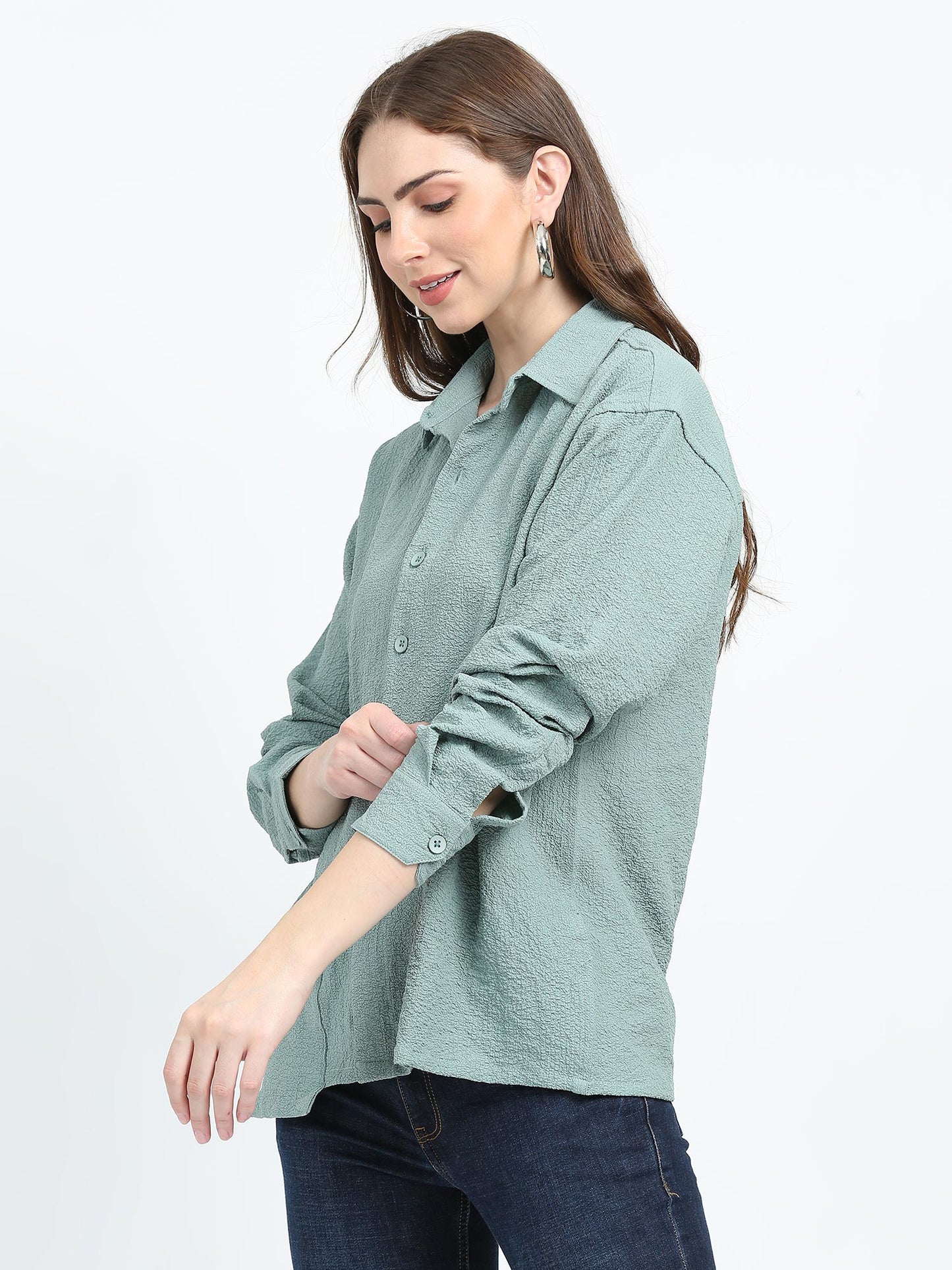 Women Fern Drop pocket Popcorn oversized shirt