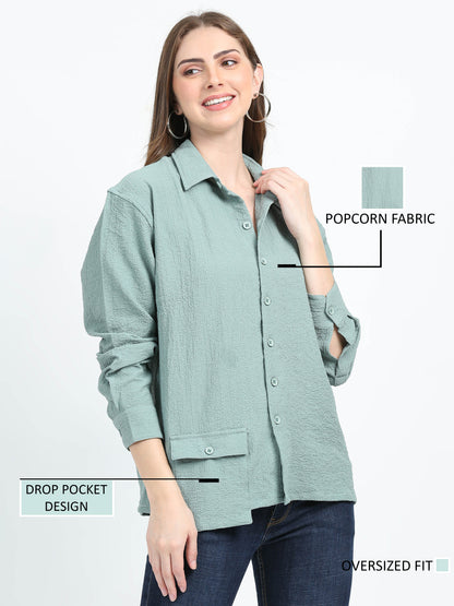 Women Drop pocket Popcorn oversized shirt-Fern