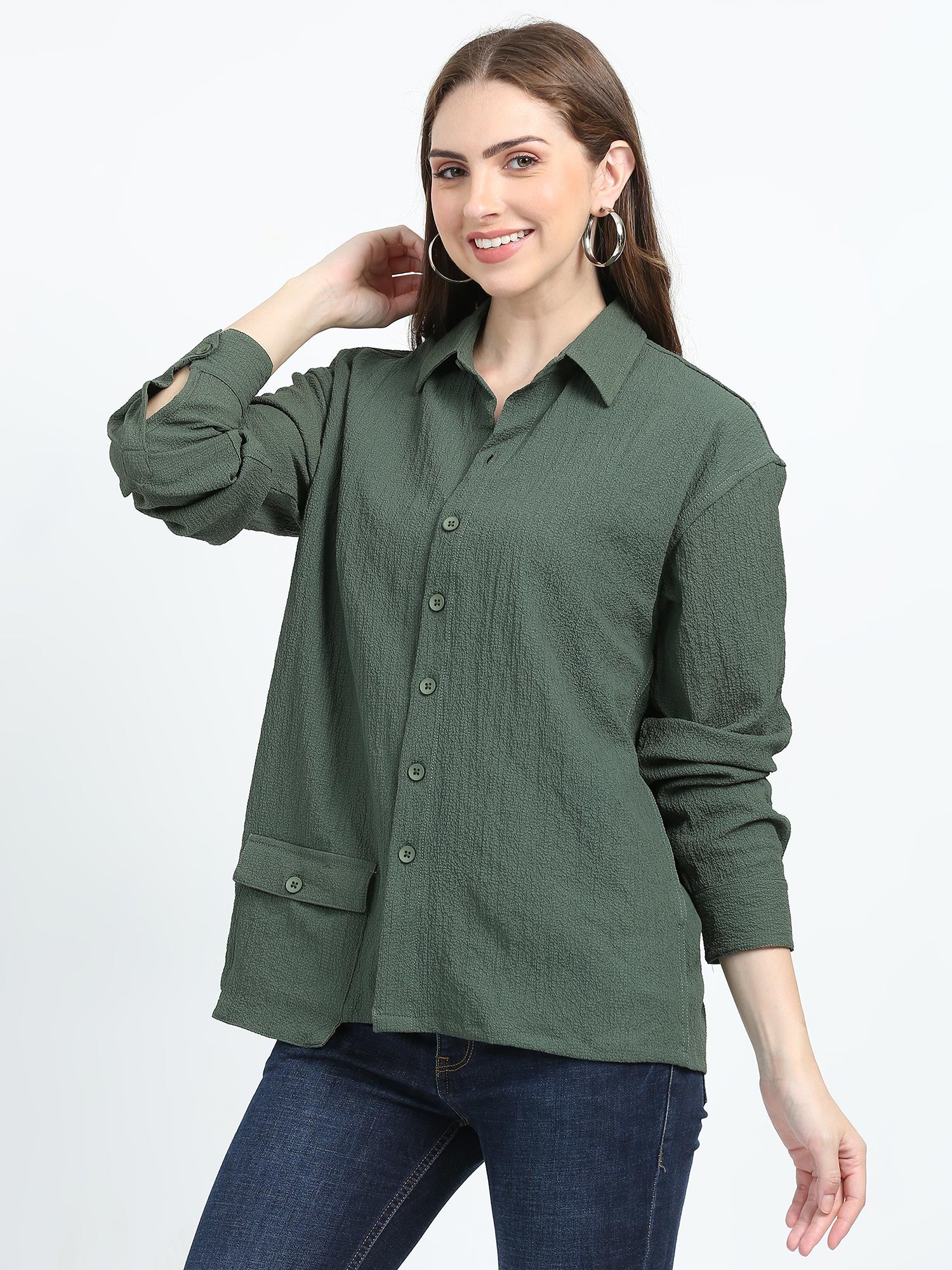 Women Olive Drop pocket Popcorn oversized shirt