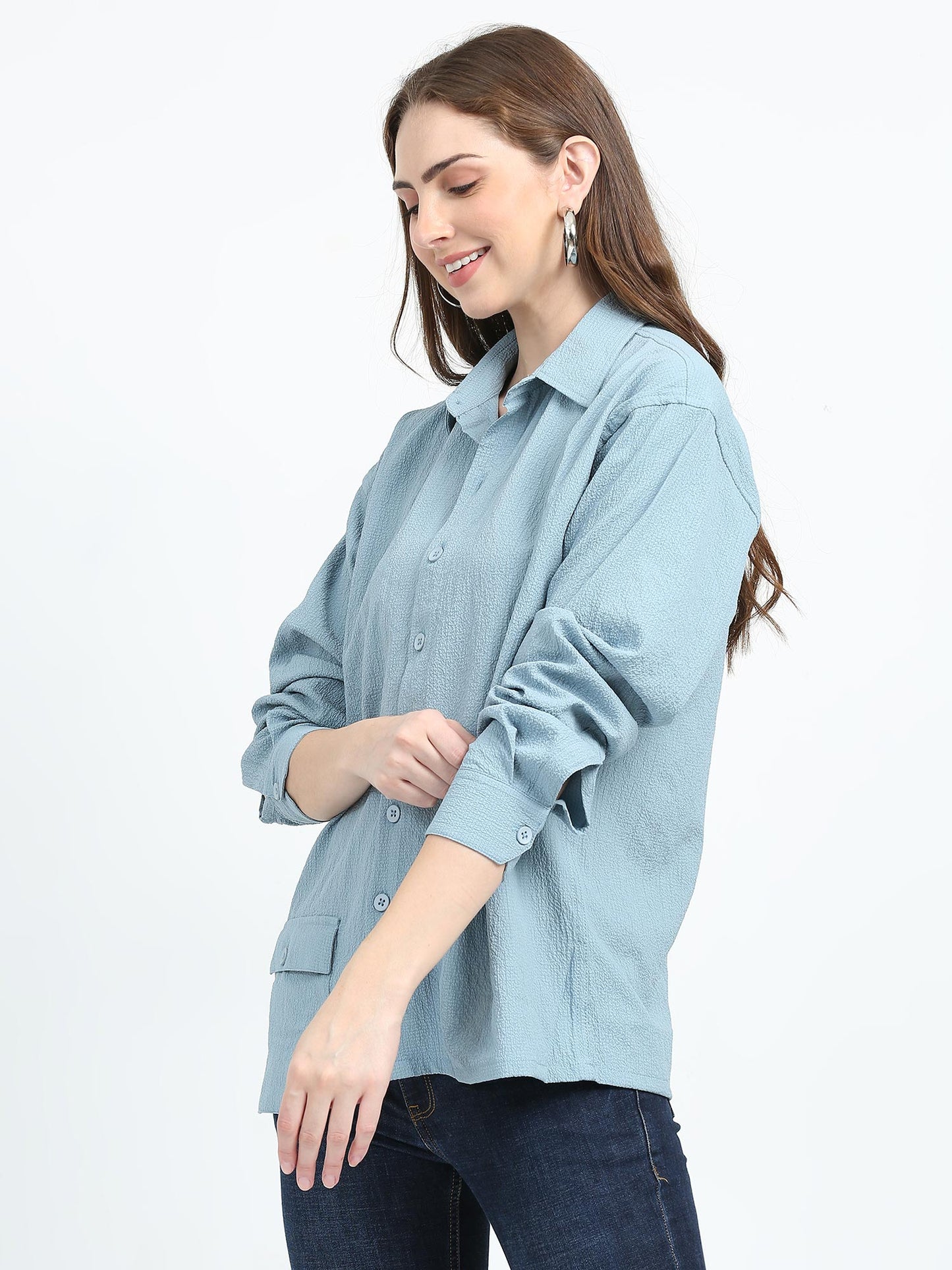 Women Mint Drop pocket Popcorn oversized shirt