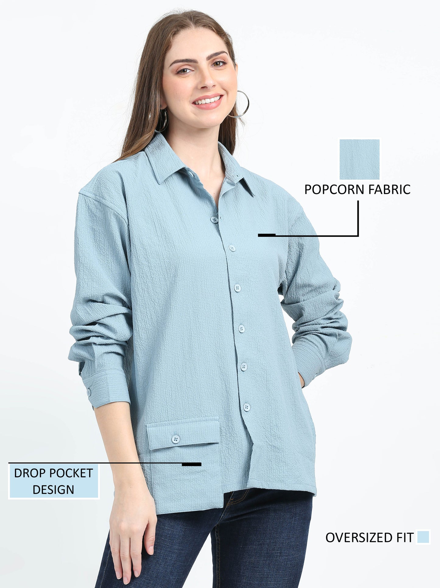 Women Drop pocket Popcorn oversized shirt-Mint