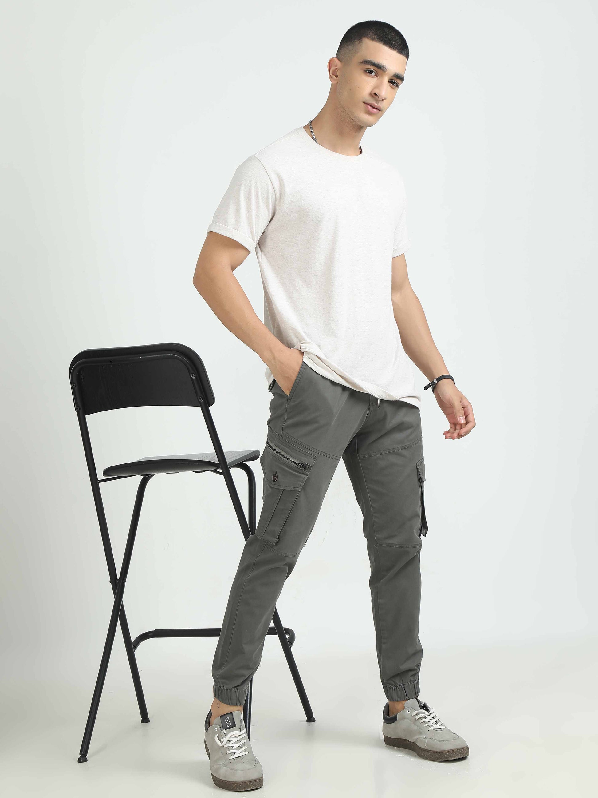 Grey Zipper Cargo Pants For Men