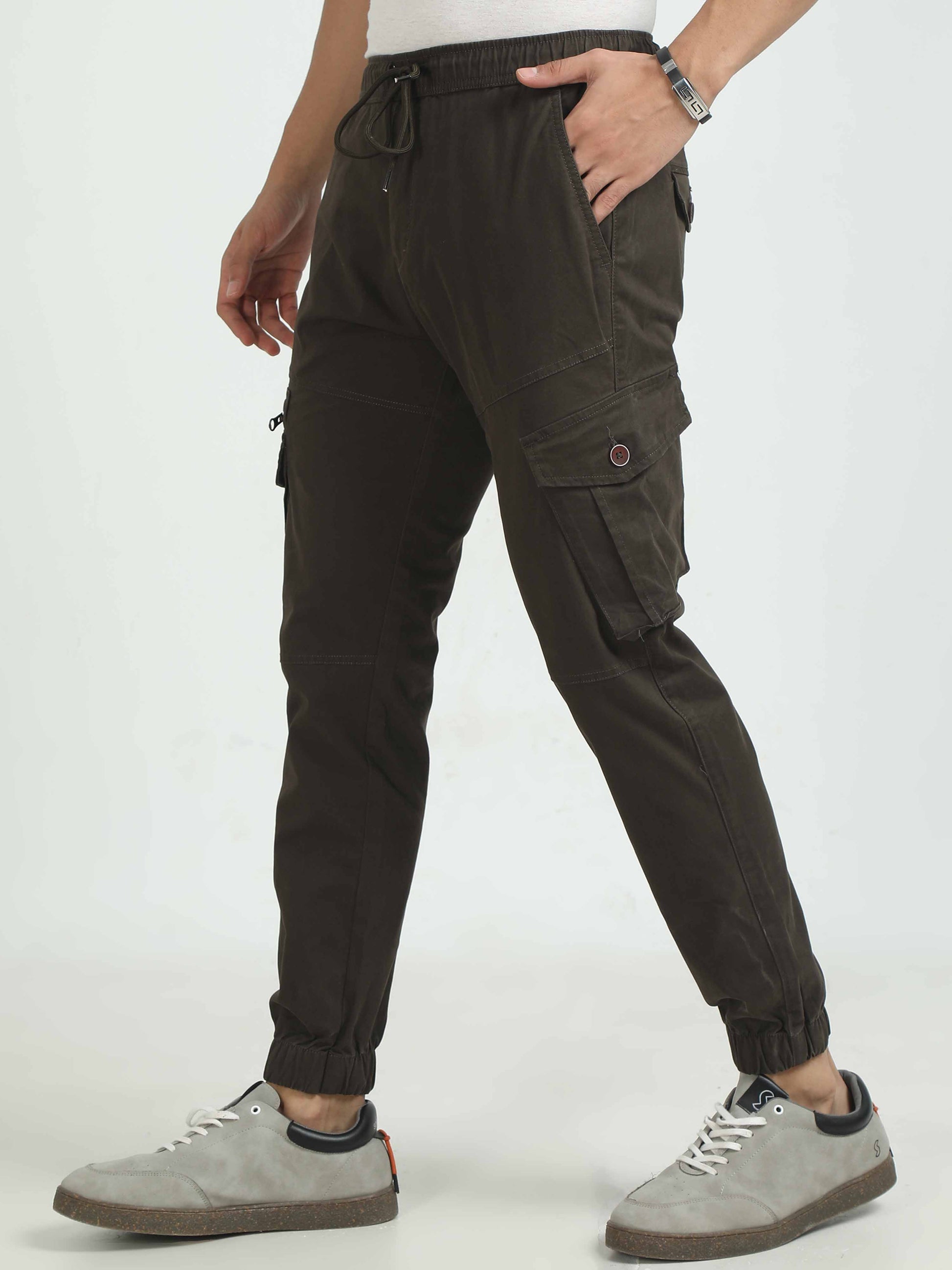 Brown Snap Zipper Cargo Pants For Men