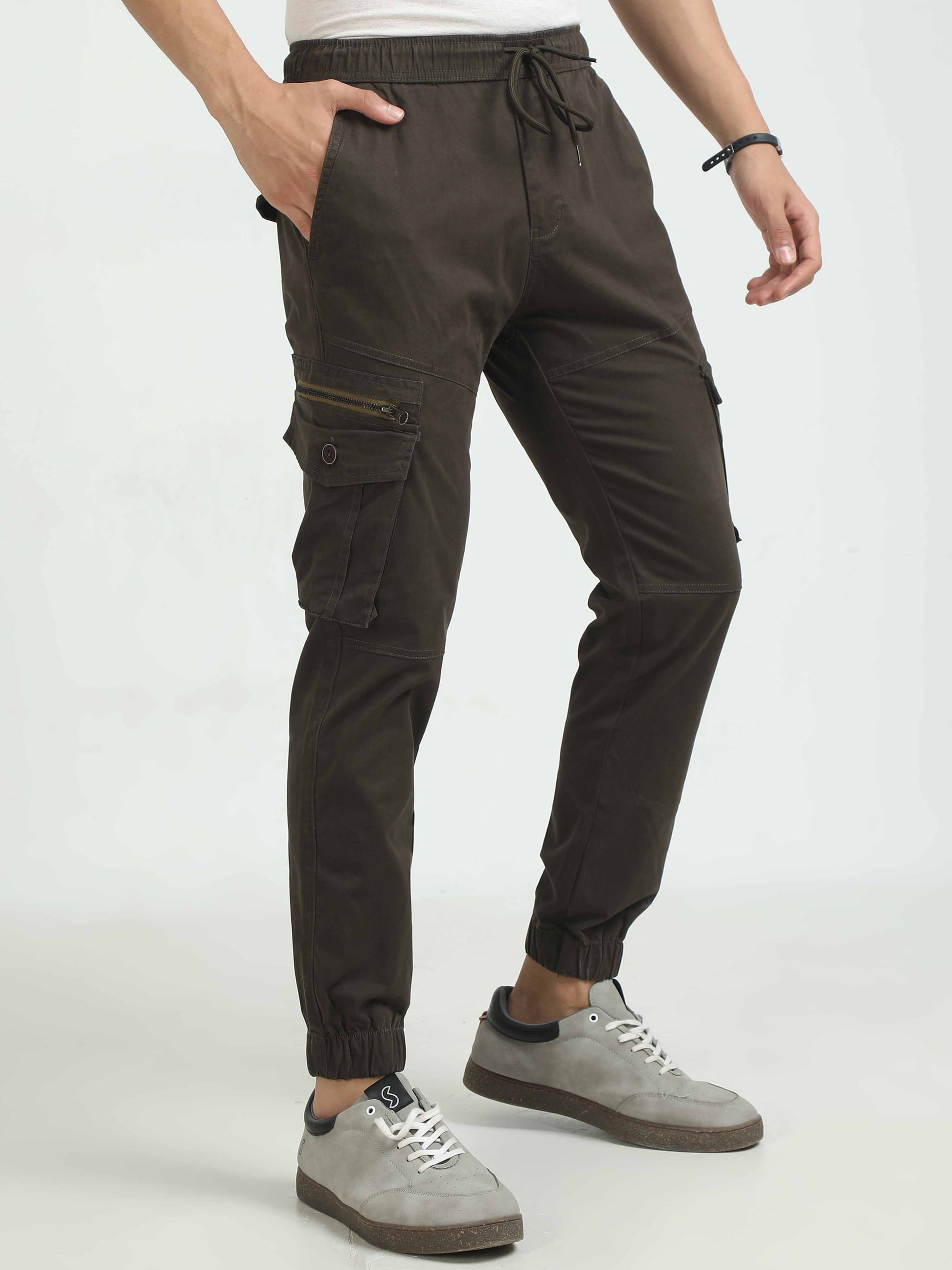 Brown Snap Zipper Cargo Pants For Men