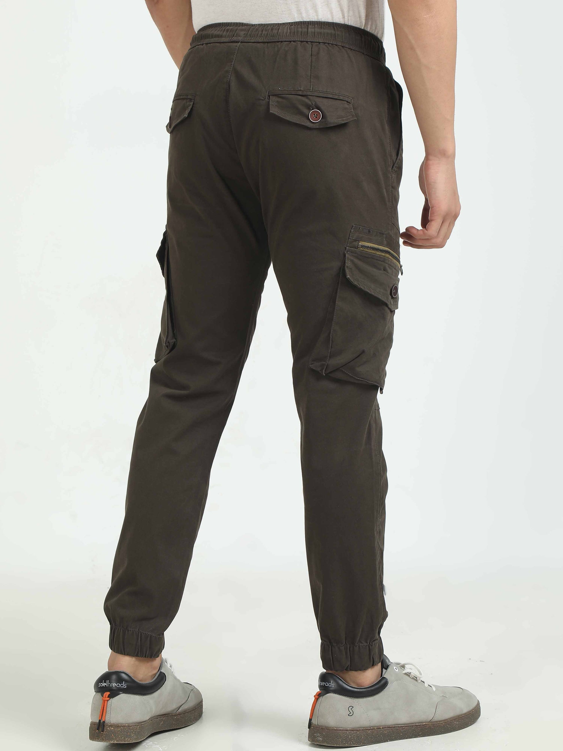 Brown Snap Zipper Cargo Pants For Men