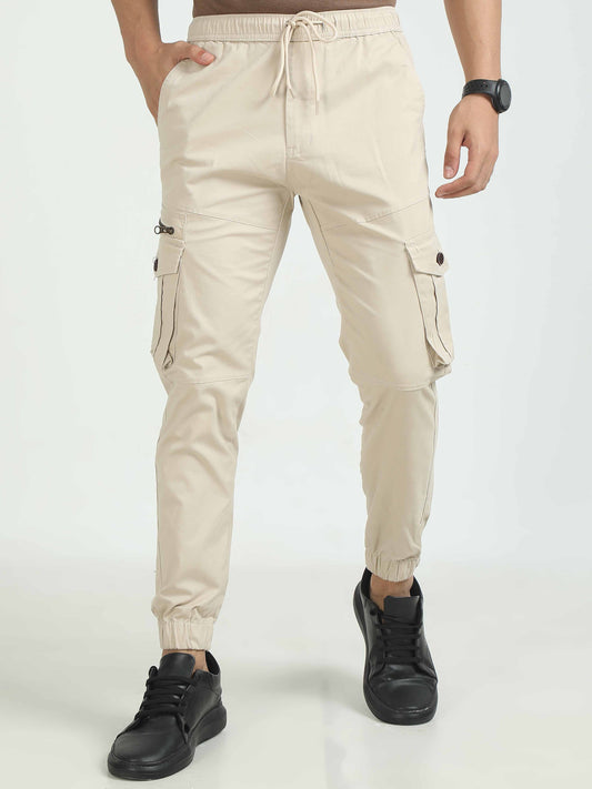 Cream Zipper Cargo Pants For Men