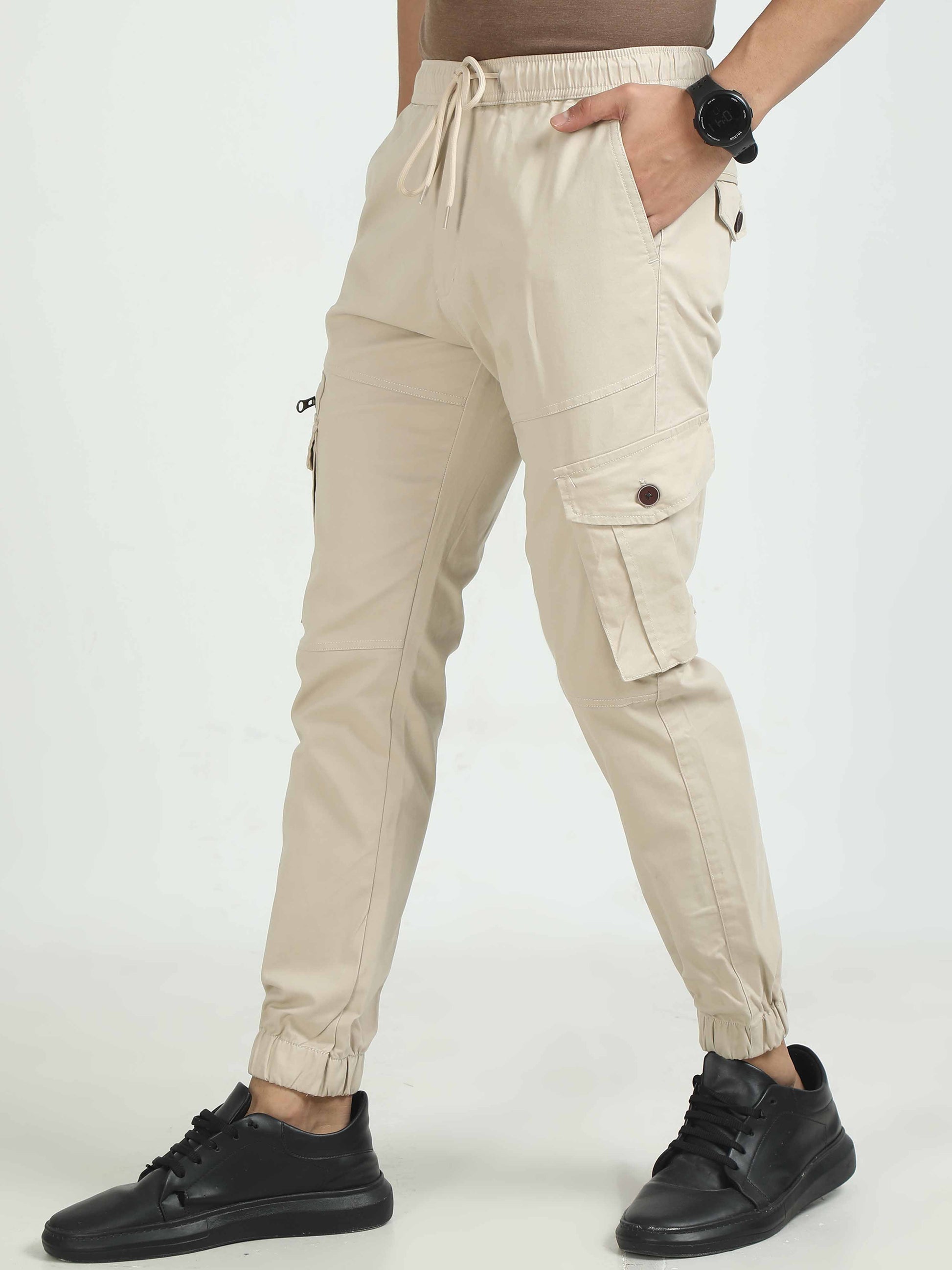 Cream Zipper Cargo Pants For Men