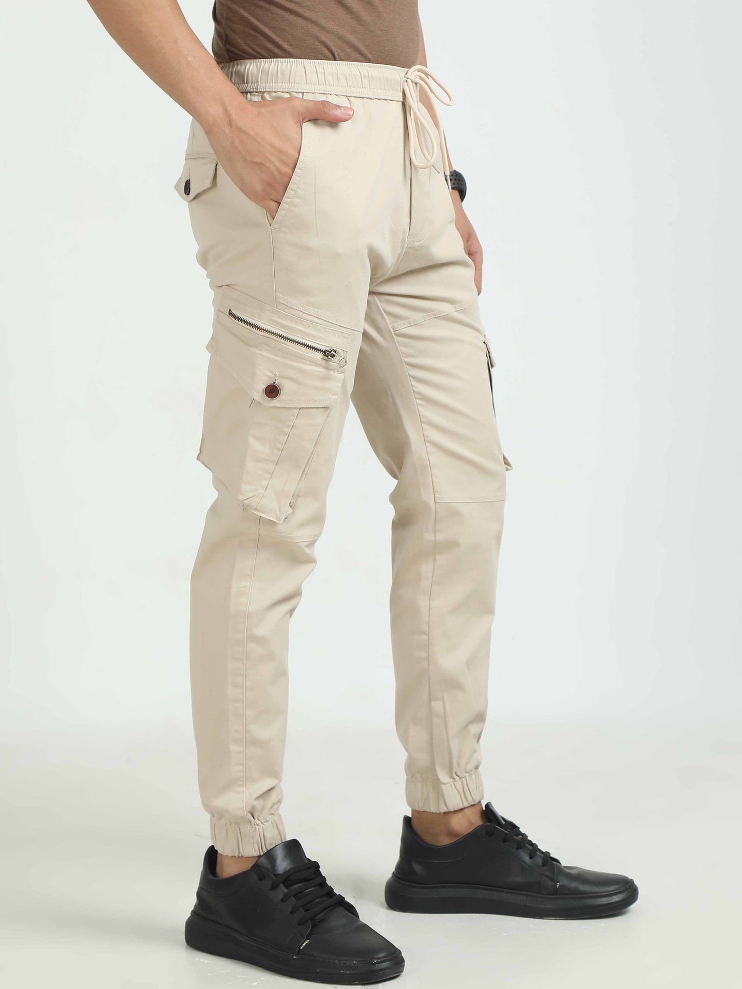 Cream Zipper Cargo Pants For Men