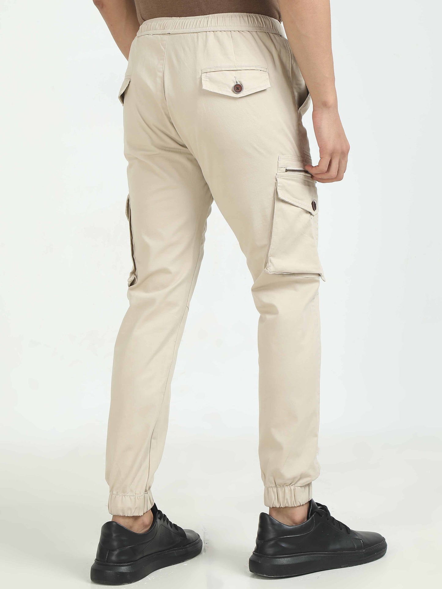 Cream Zipper Cargo Pants For Men