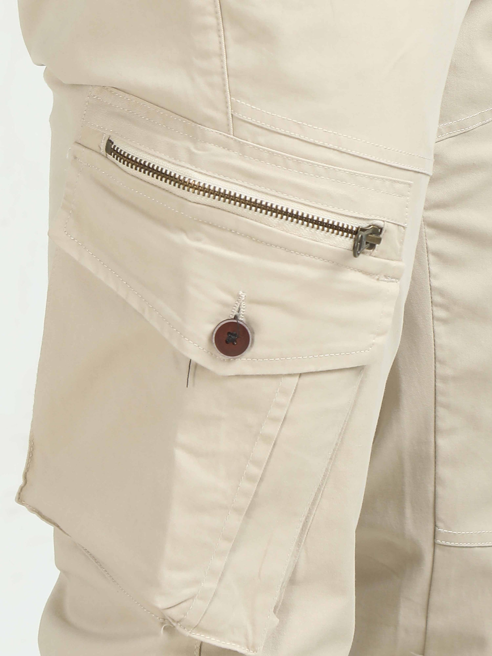 Cream Zipper Cargo Pants For Men