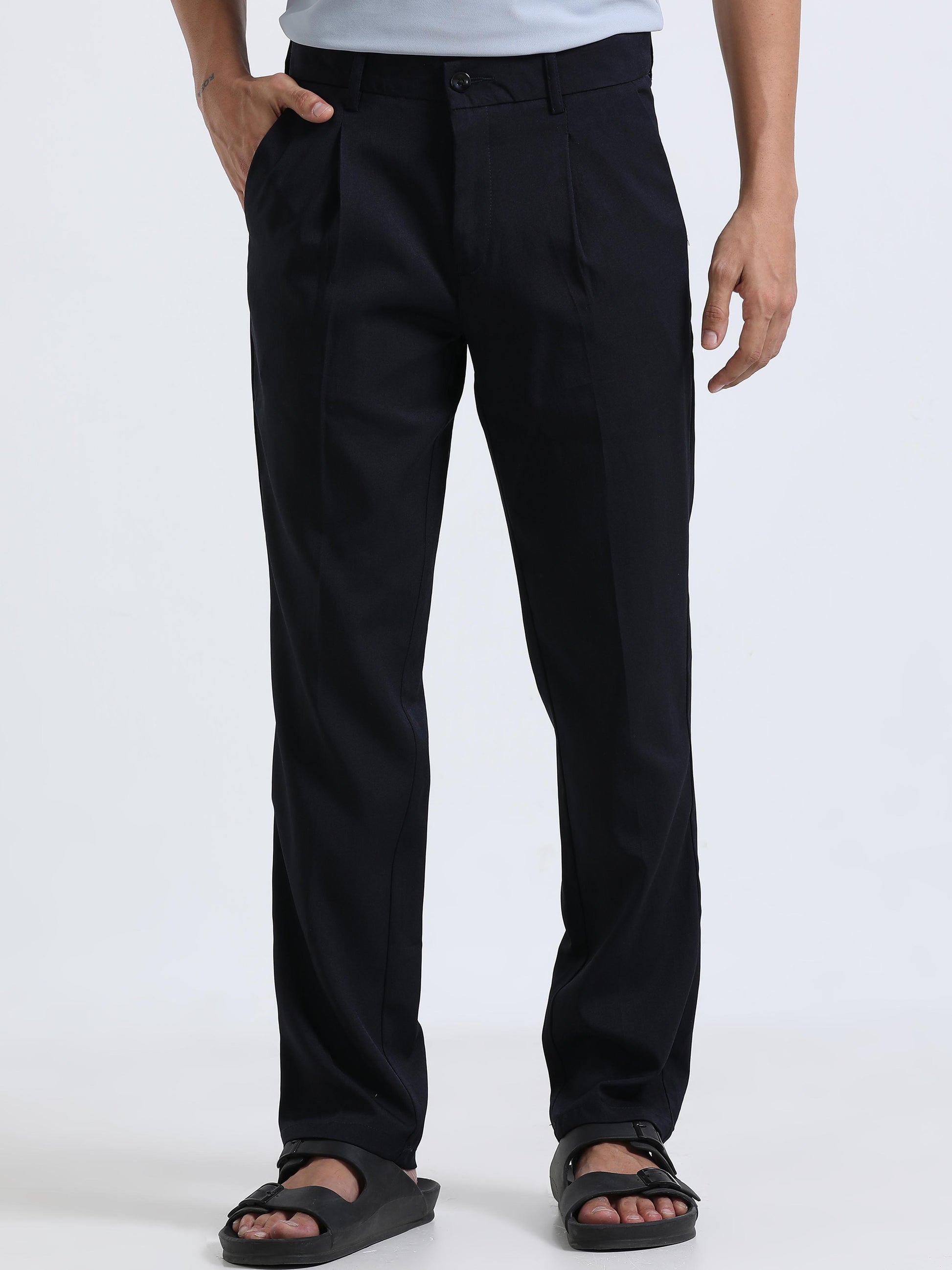 Navy Mens Pleated Trousers