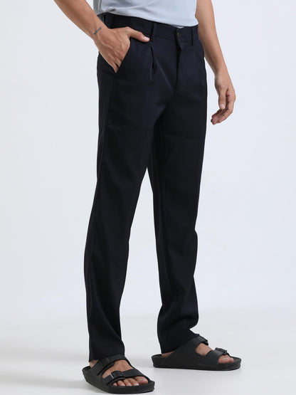 Navy Mens Pleated Trousers