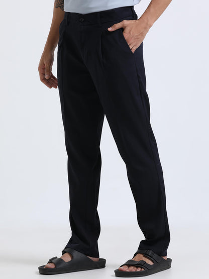 Navy Mens Pleated Trousers