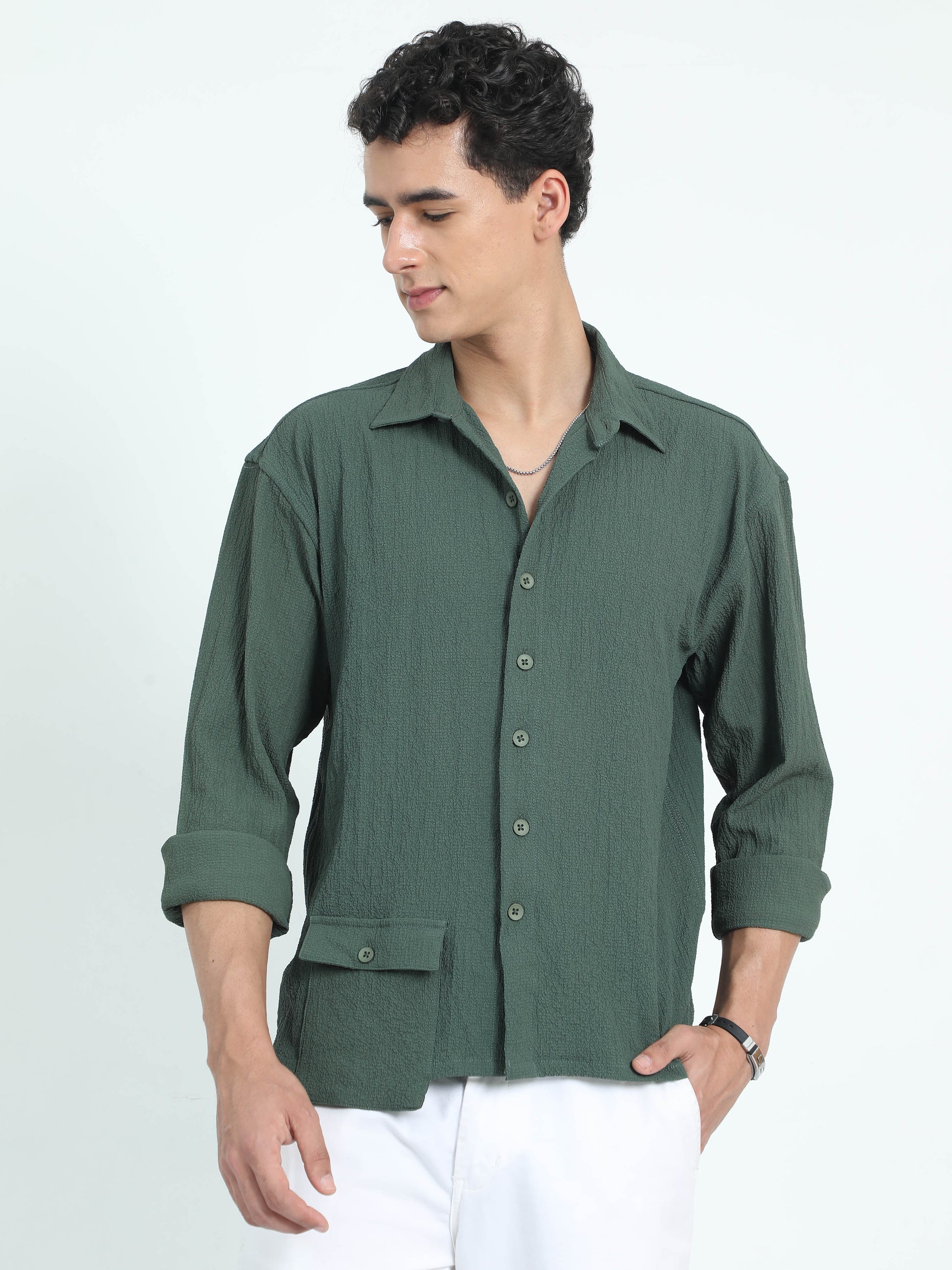 Drop Pocket Olive Popcorn Shirt For Men