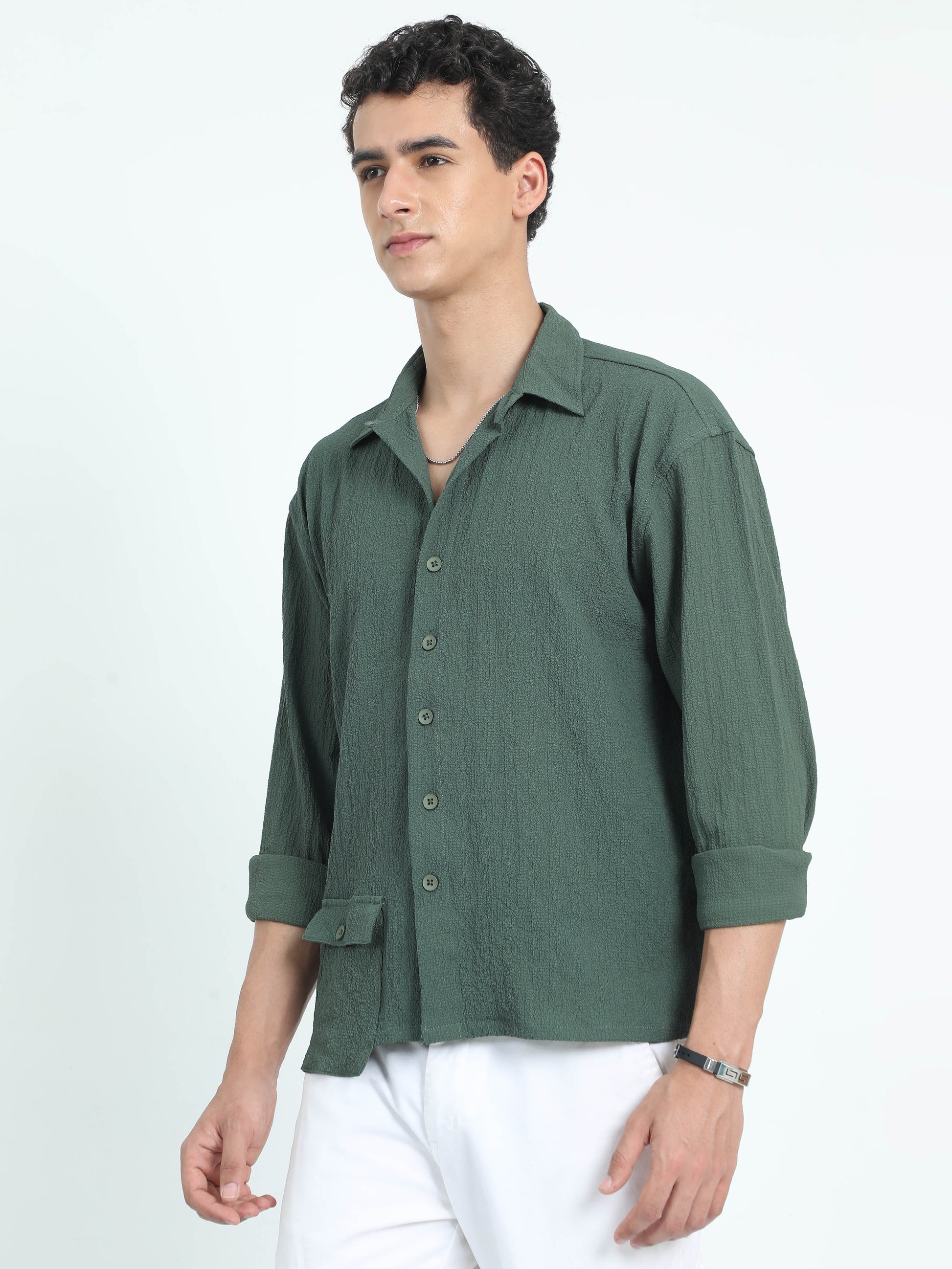 Drop Pocket Olive Popcorn Shirt For Men