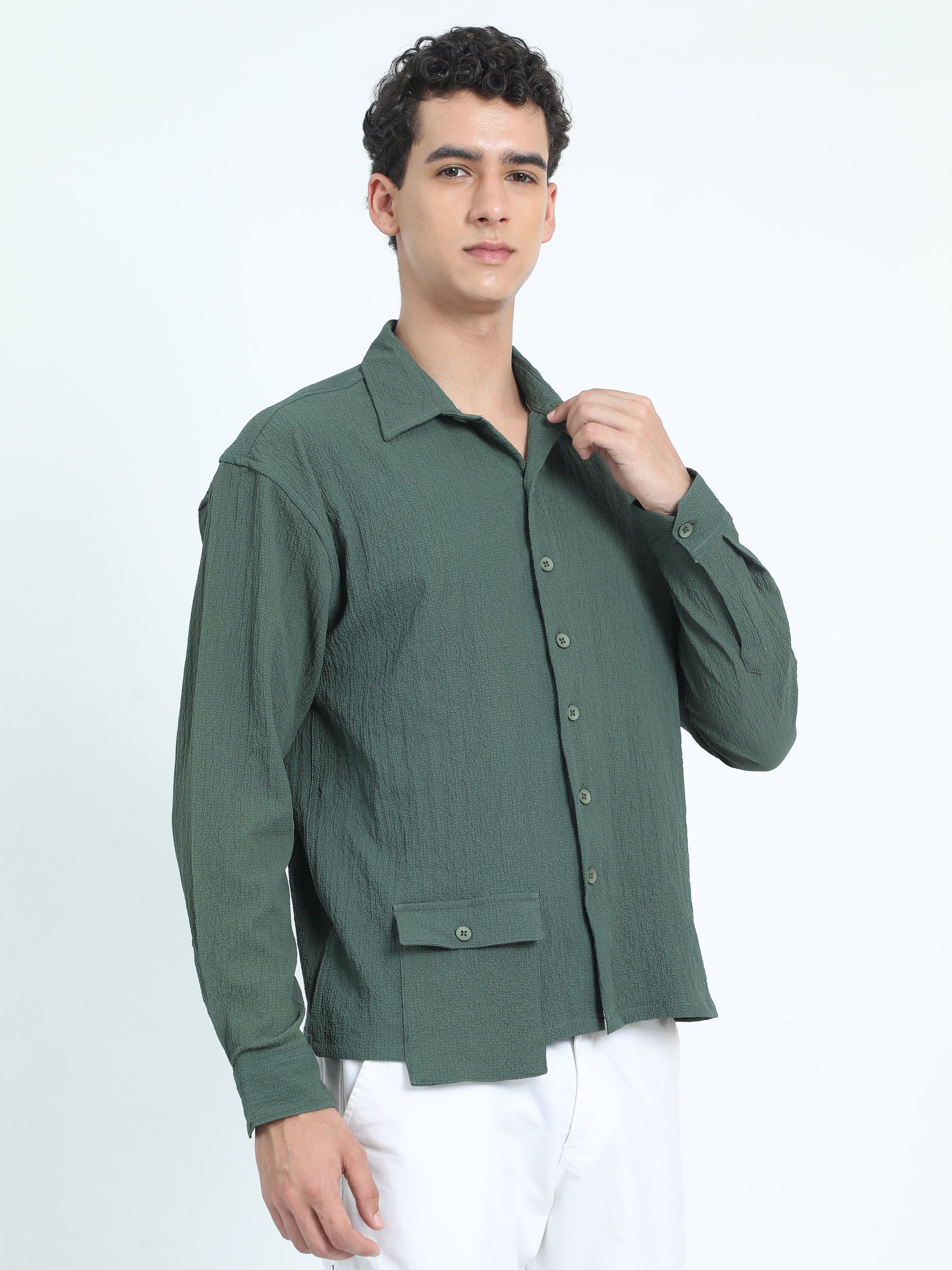 Drop Pocket Olive Popcorn Shirt For Men