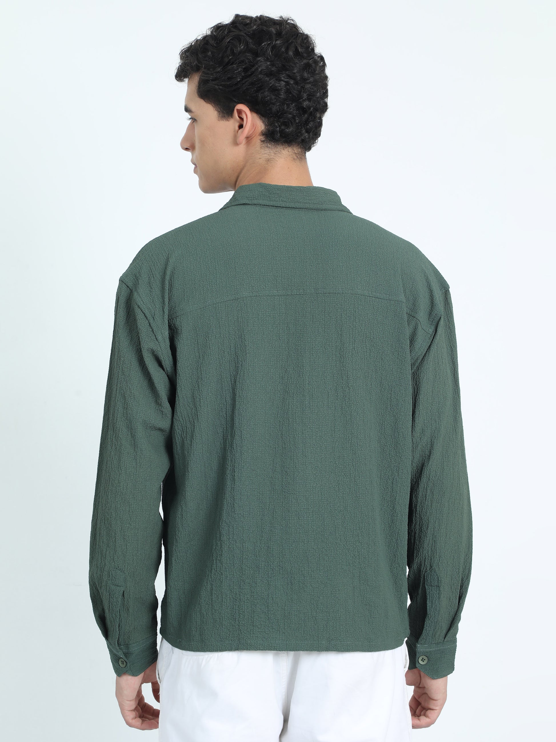 Drop Pocket Olive Popcorn Shirt For Men