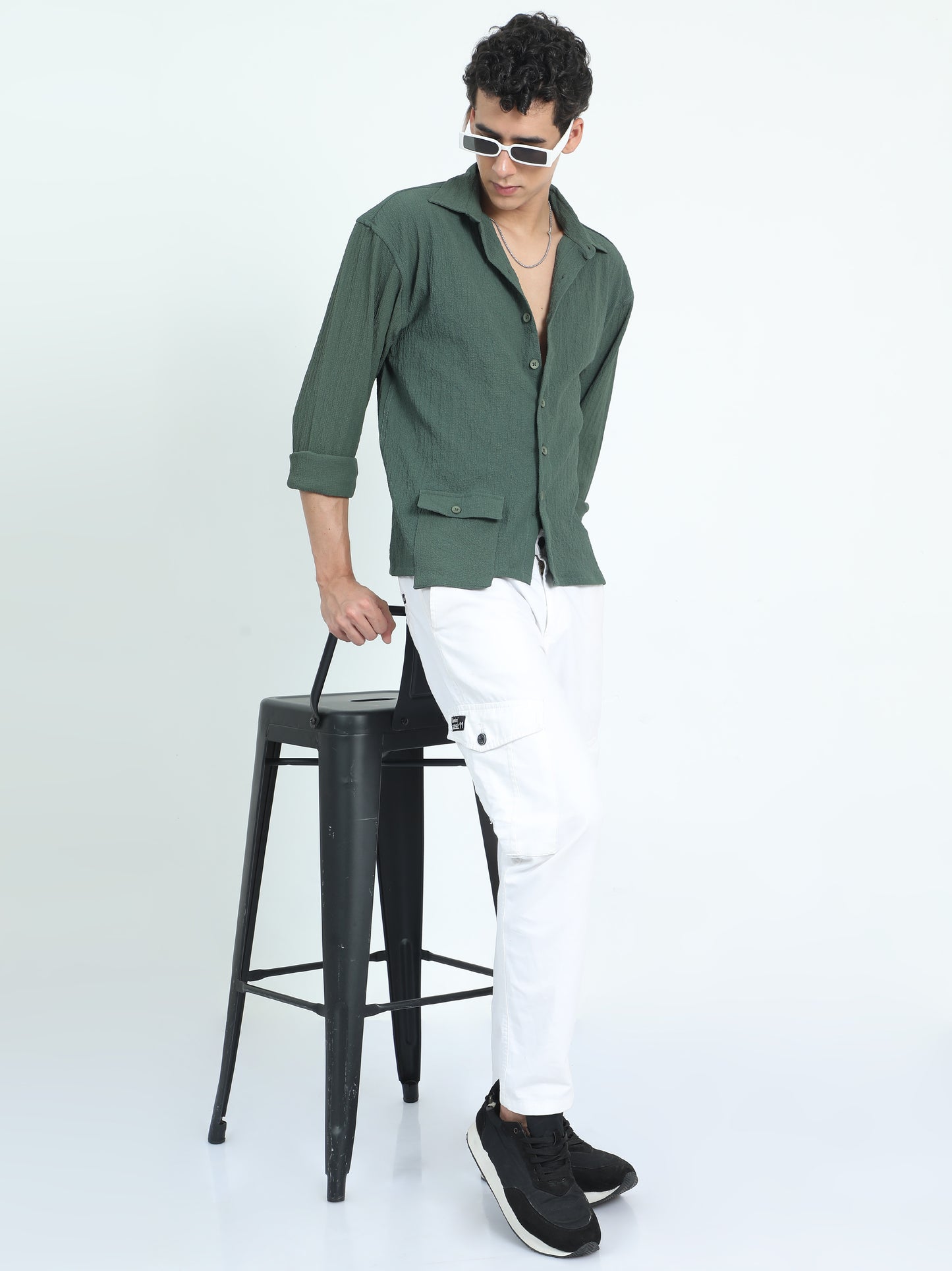 Drop Pocket Olive Popcorn Shirt For Men