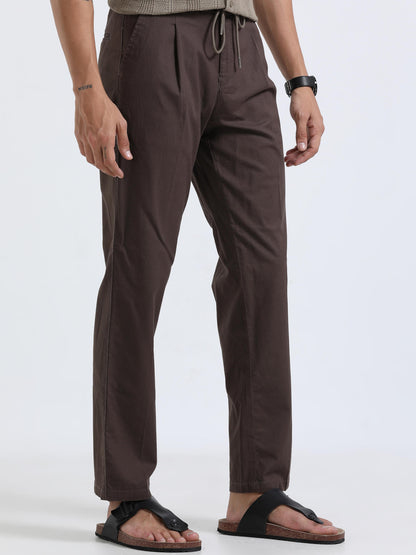 Men Lazy Linen Pleat Pant-Brown