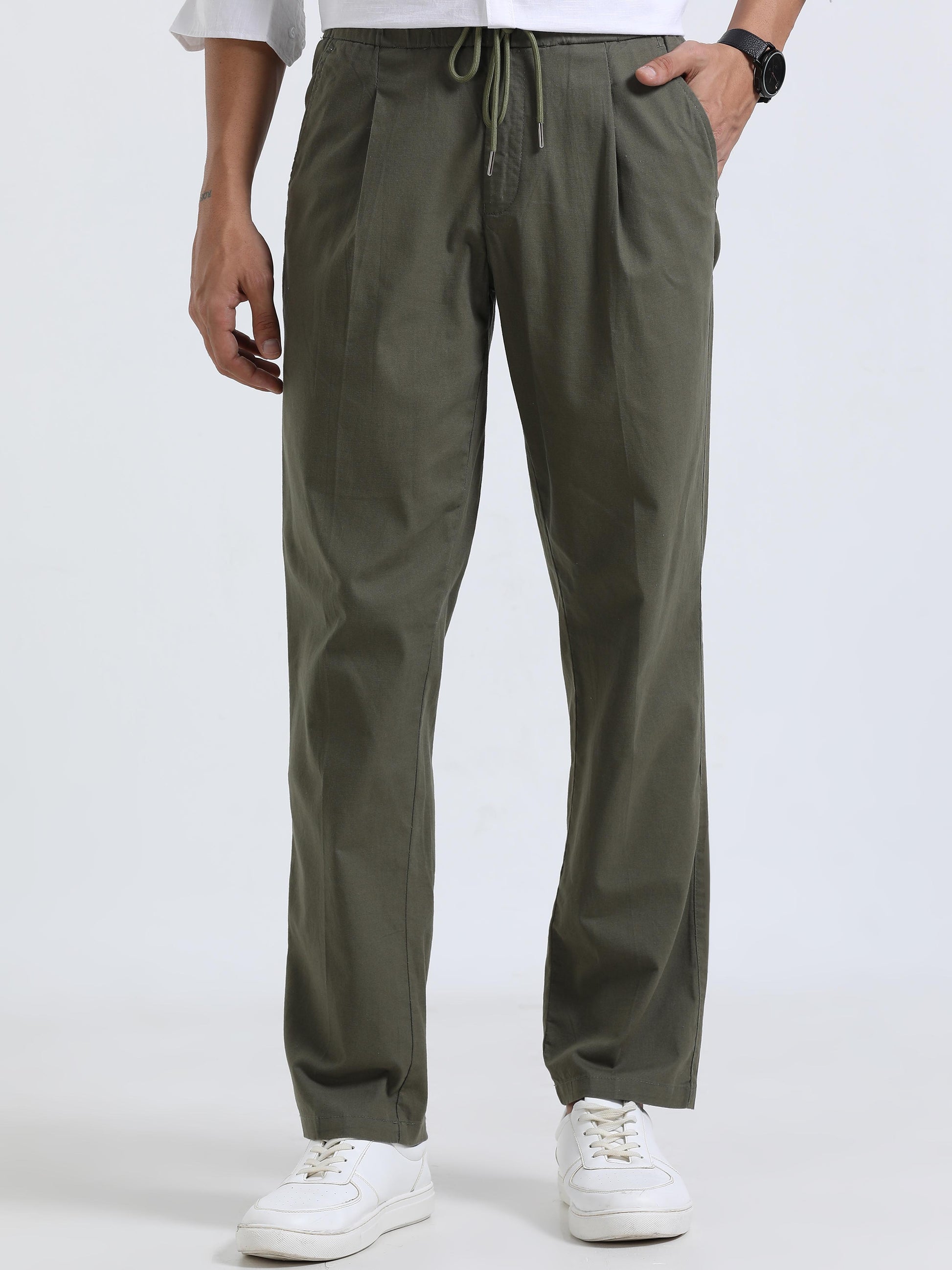 Olive Pleated formal Pants for Men