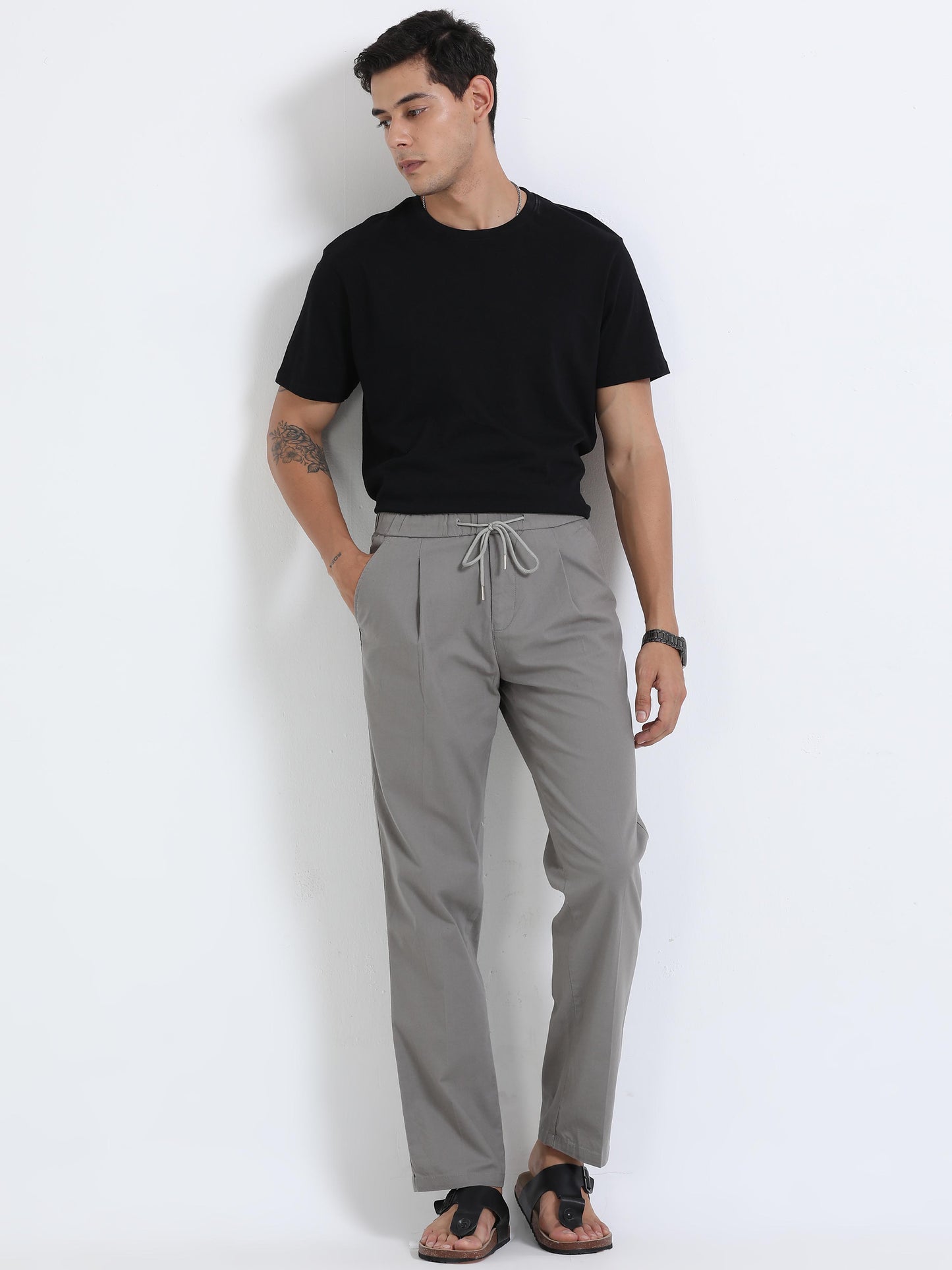 Men Lazy Linen Pleat Pant-Lt Grey