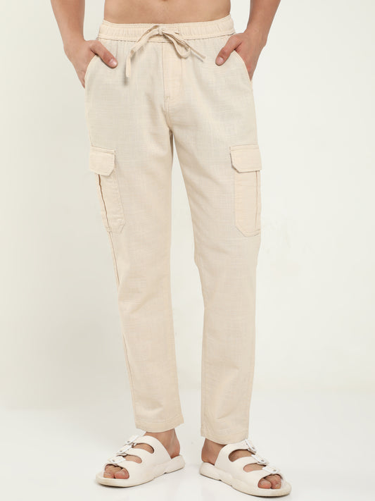 Beige Lazy Linen Trousers For Men